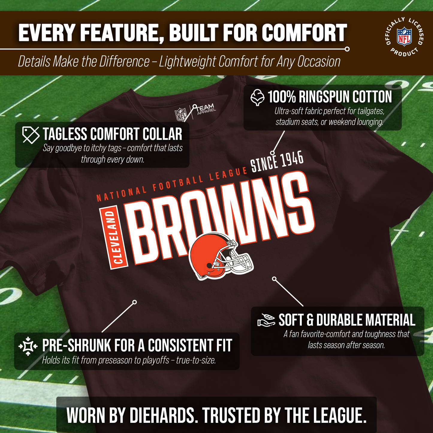 Cleveland Browns NFL Adult Modern Endzone Tag-Less T-Shirt - Dark Brown