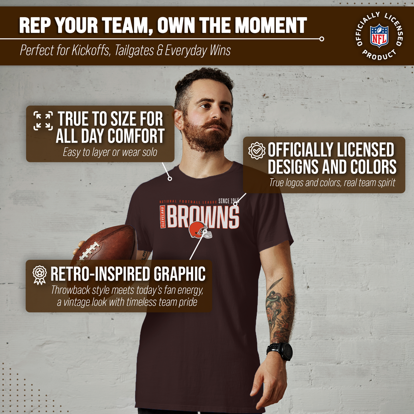 Cleveland Browns NFL Adult Modern Endzone Tag-Less T-Shirt - Dark Brown