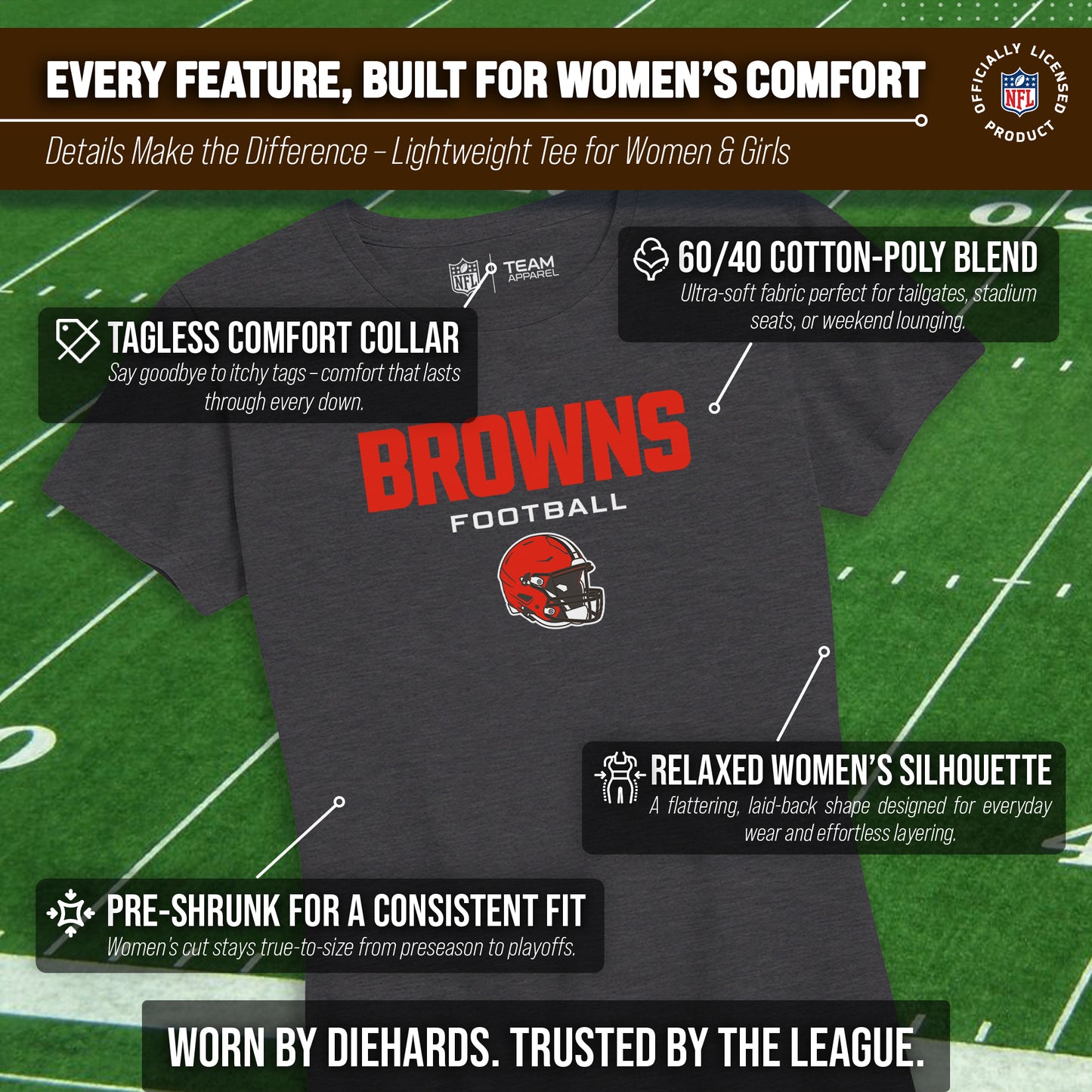 Cleveland Browns Women's NFL Football Helmet Short Sleeve Tagless T-Shirt - Charcoal