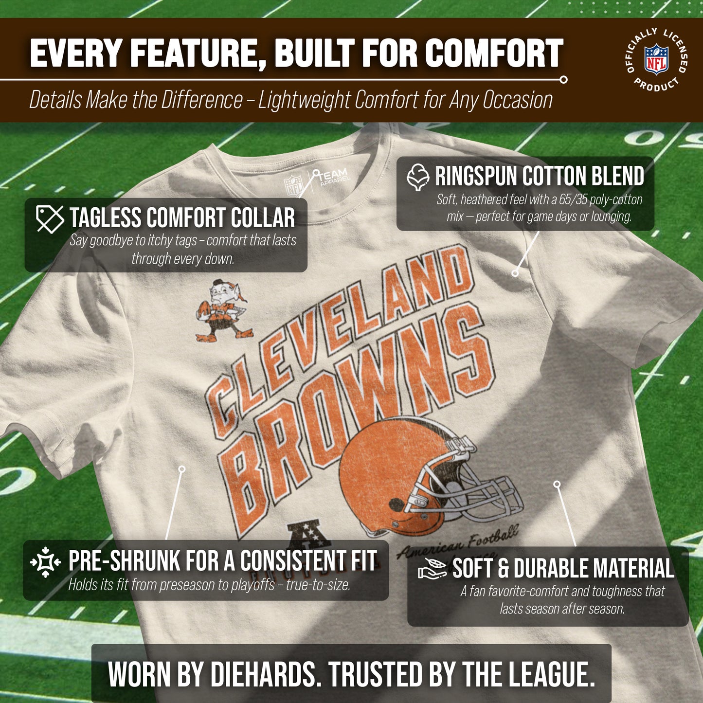 Cleveland Browns NFL Adult Distressed Helmet Tag-Less T-Shirt - Cream