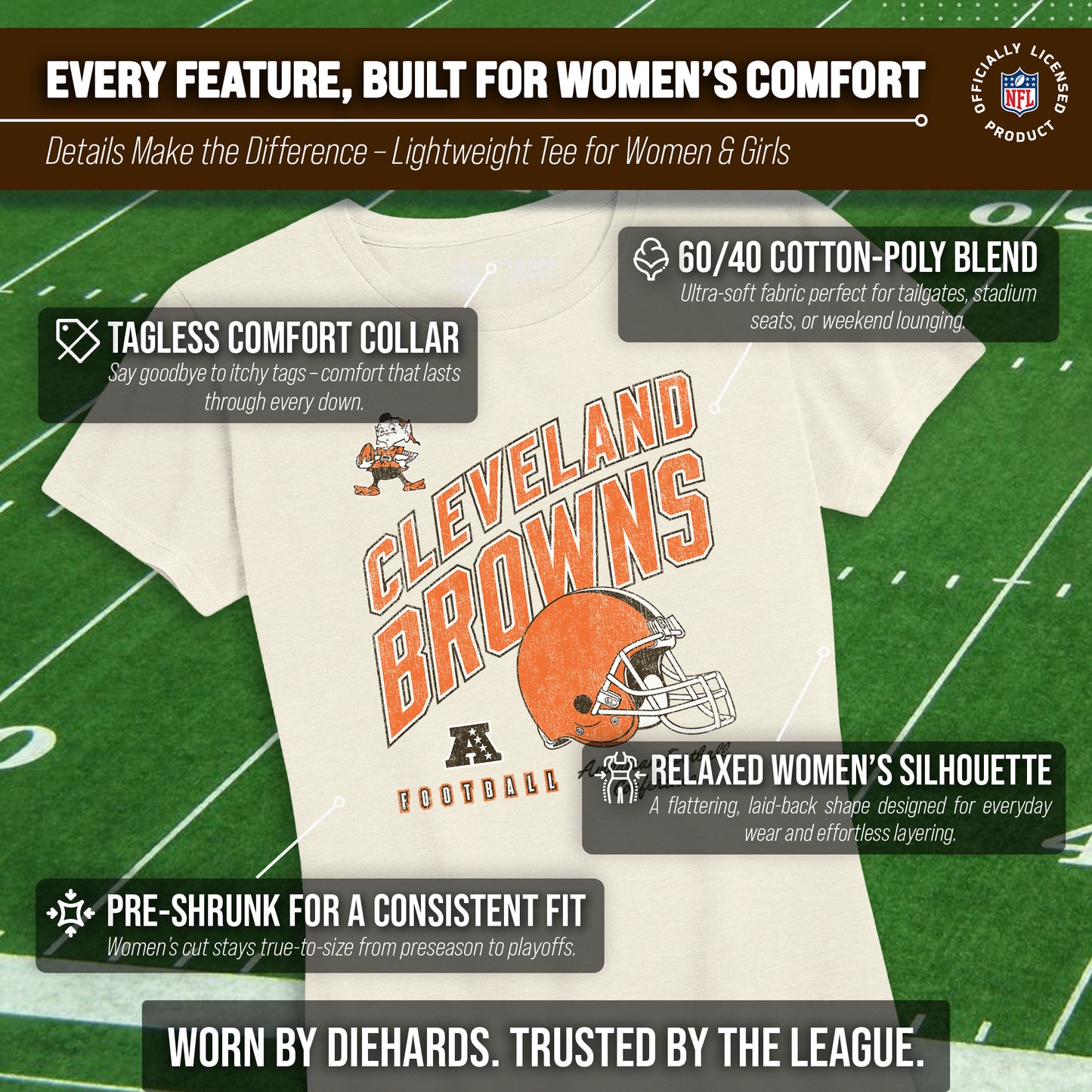 Cleveland Browns NFL Womens Distressed Helmet Tag-Less Soft T-Shirt - Birch
