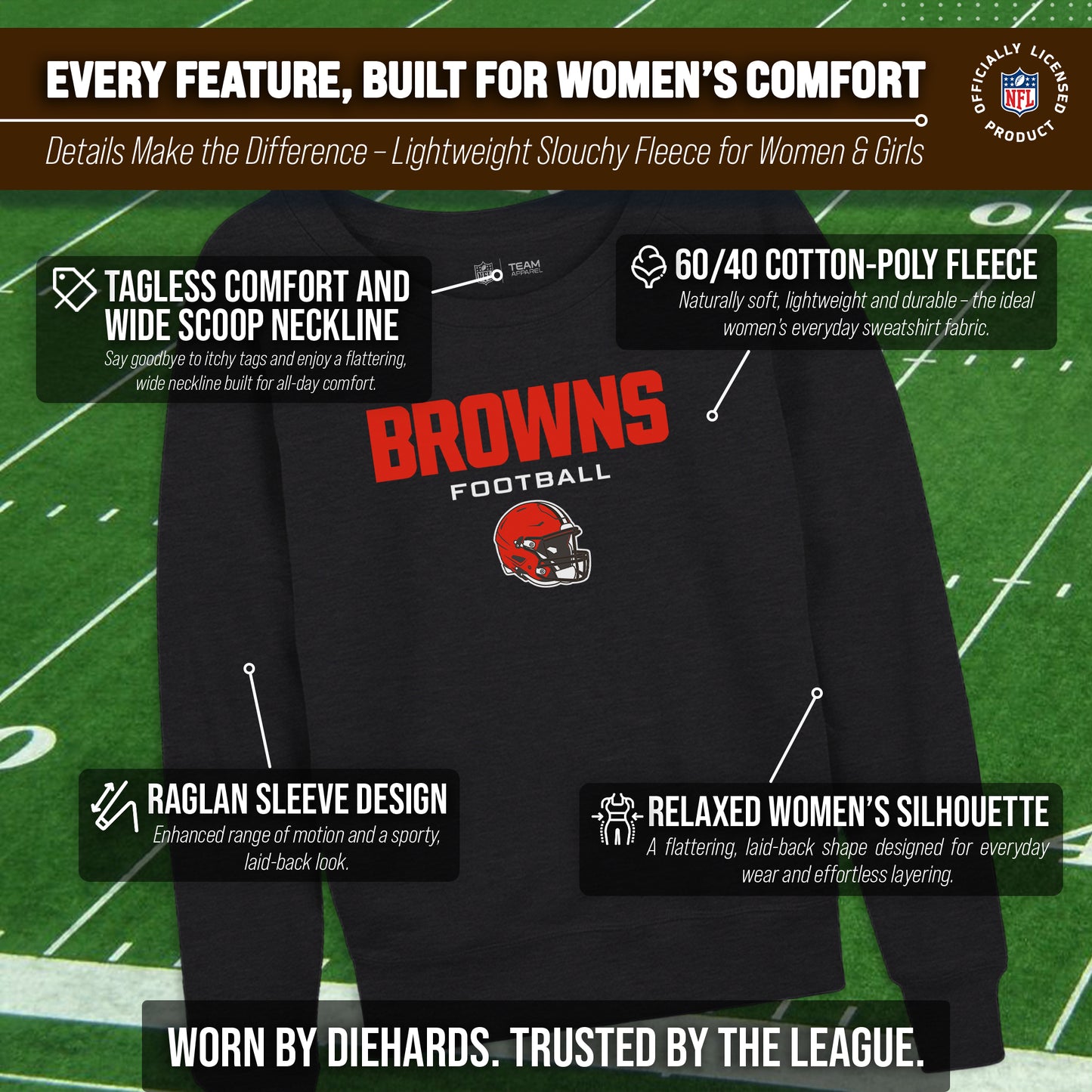 Cleveland Browns NFL Womens Helmet French Terry Slouchy Top - Charcoal