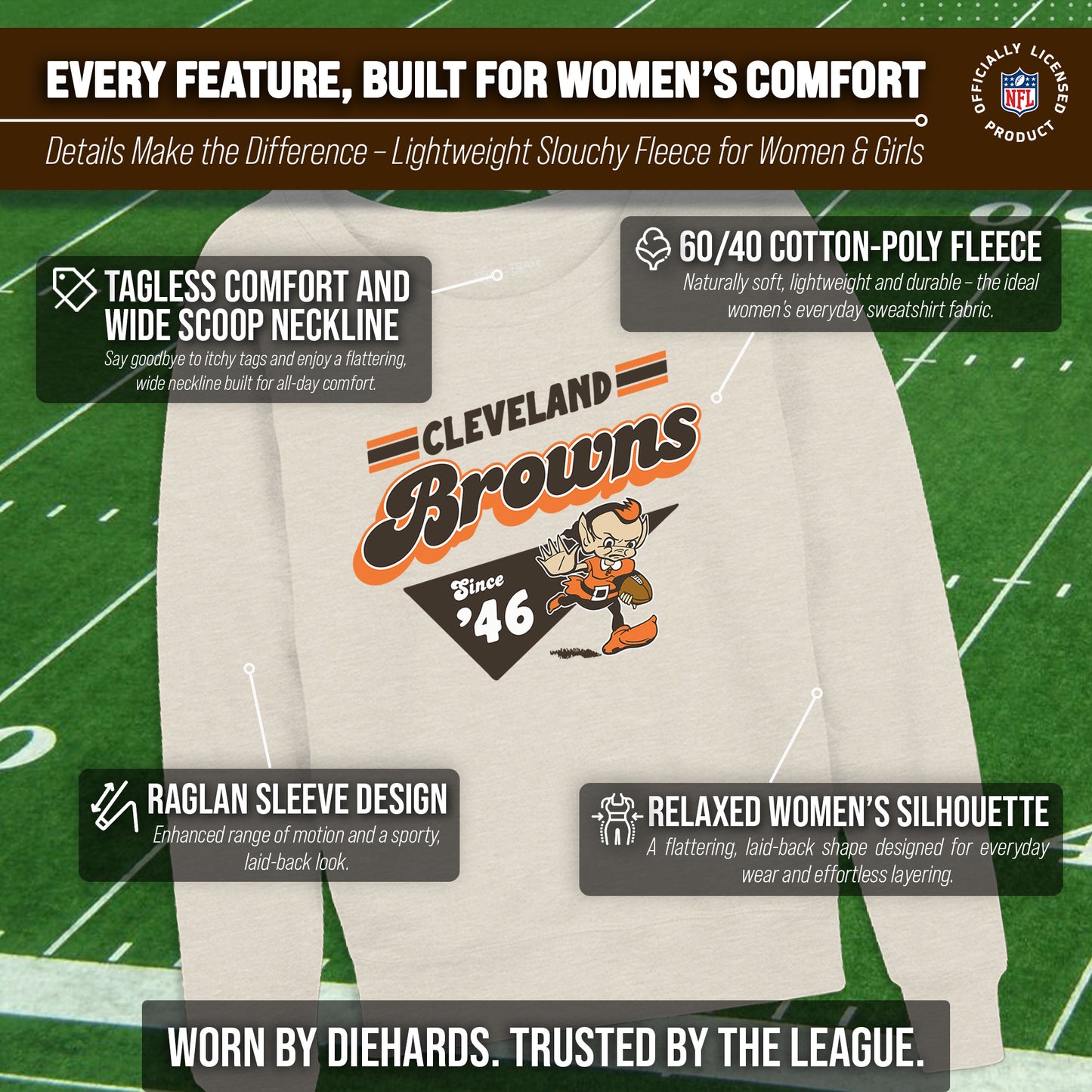 Cleveland Browns NFL Womens Vintage Charm French Terry Slouchy Top - Birch