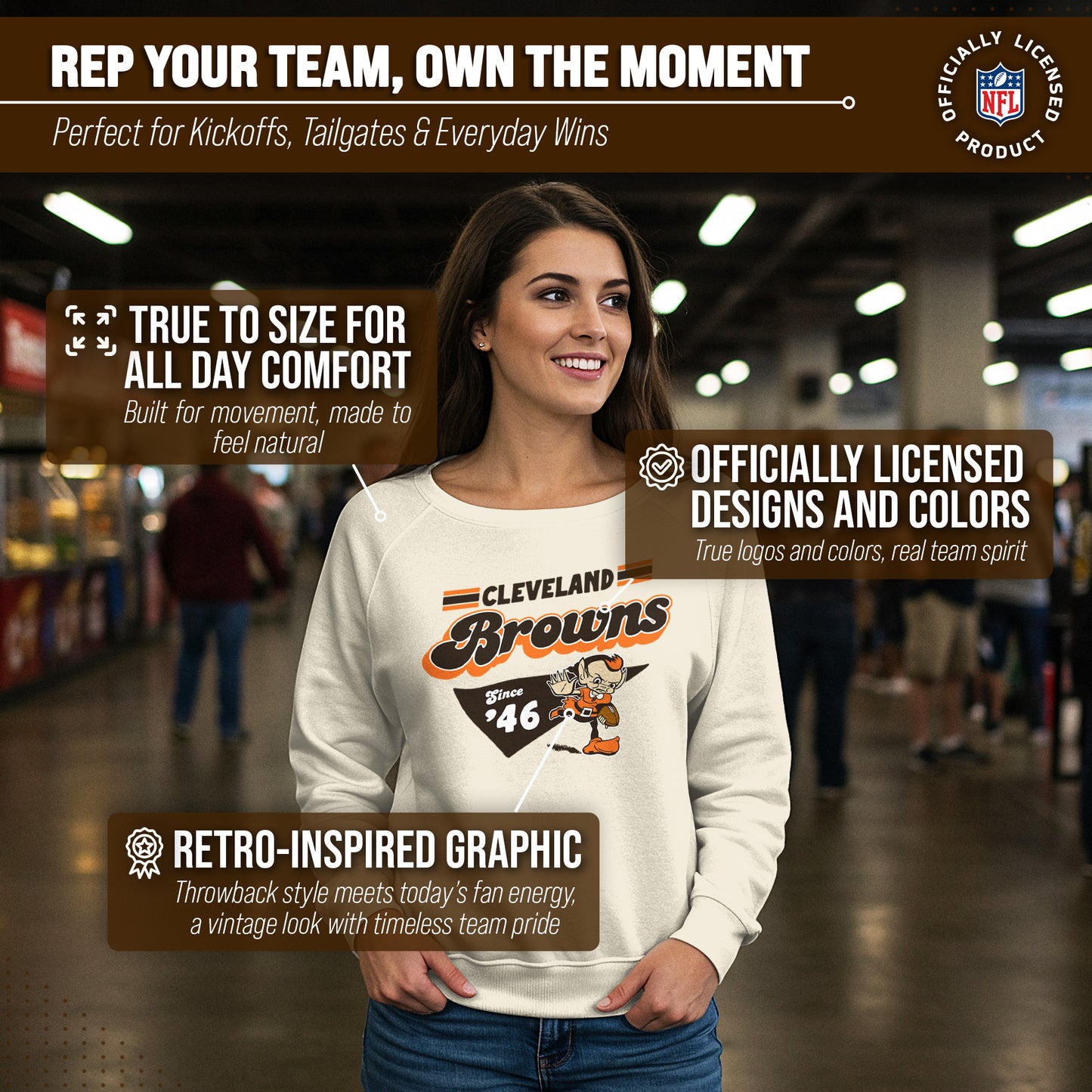 Cleveland Browns NFL Womens Vintage Charm French Terry Slouchy Top - Birch