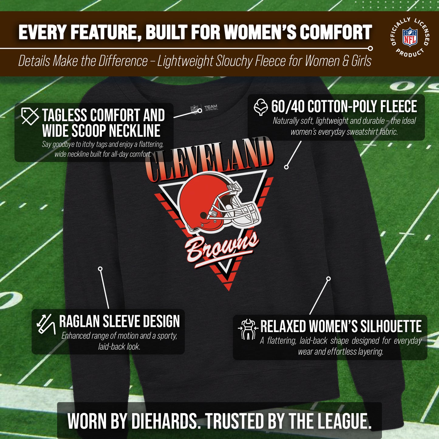 Cleveland Browns NFL Womens Retro Triangle French Terry Slouchy Top- Raglan Sleeves - Heather Charcoal