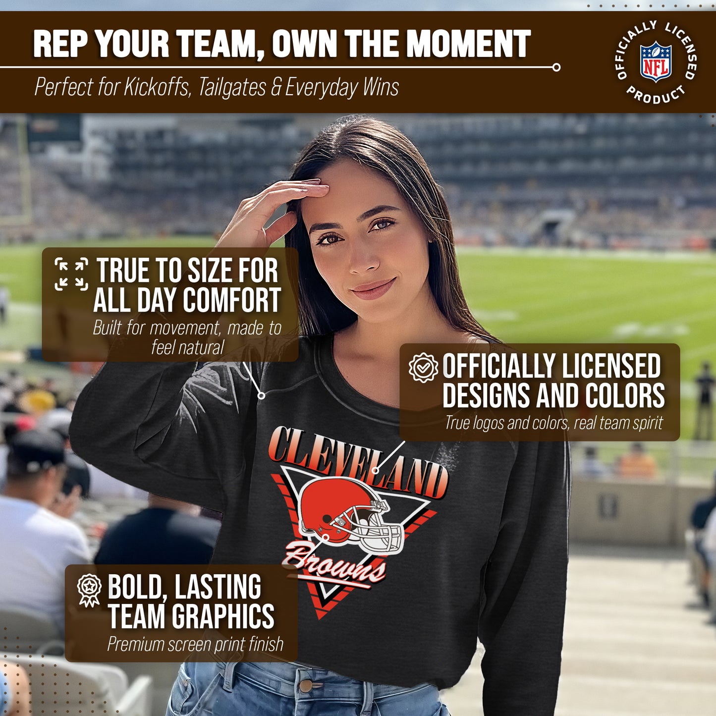 Cleveland Browns NFL Womens Retro Triangle French Terry Slouchy Top- Raglan Sleeves - Heather Charcoal
