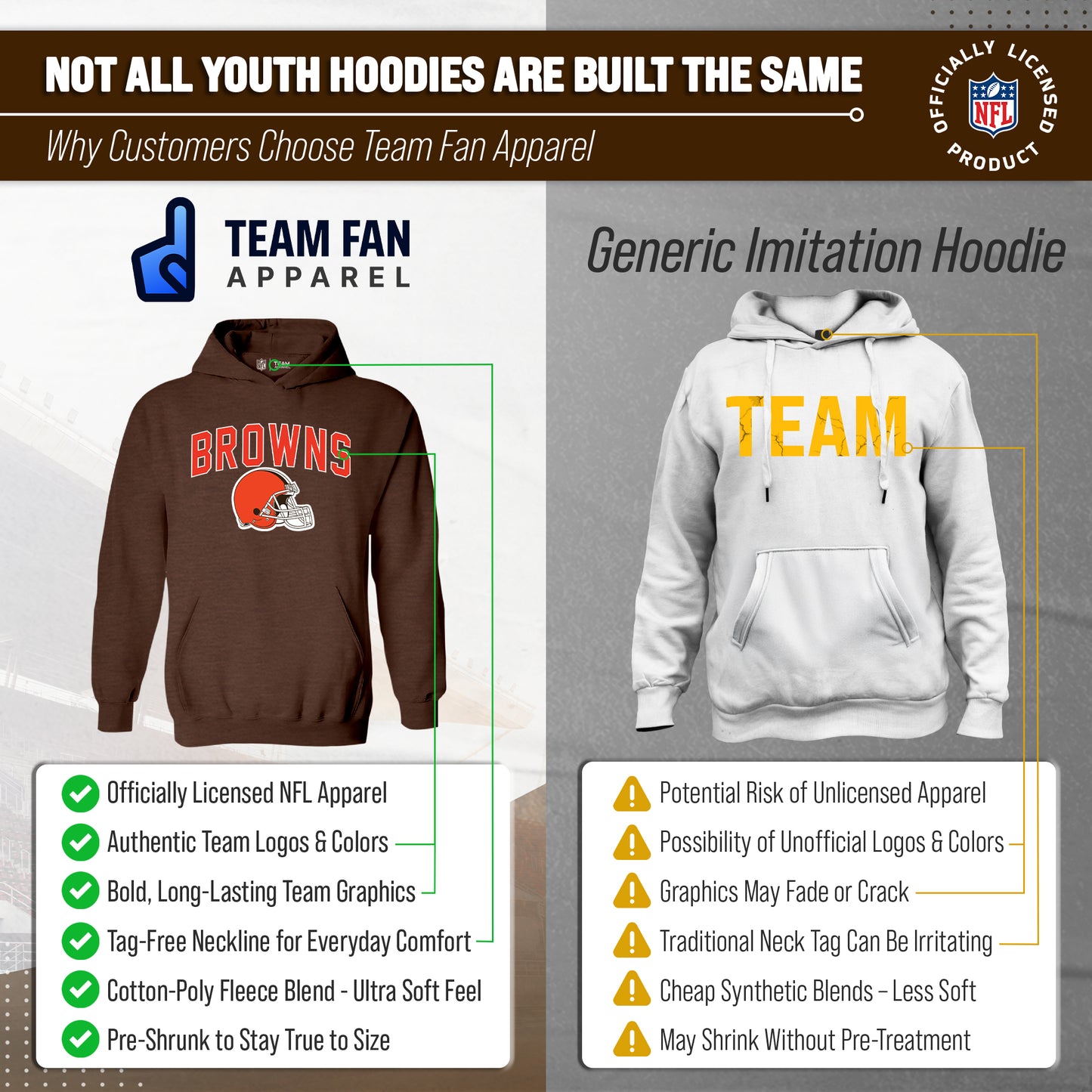 Cleveland Browns NFL Youth Home Team Hoodie- Kids Hooded Sweatshirt - Brown
