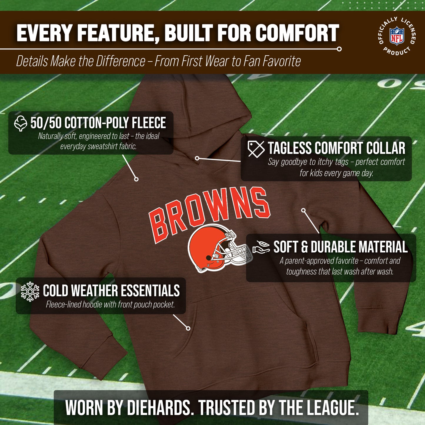 Cleveland Browns NFL Youth Home Team Hoodie- Kids Hooded Sweatshirt - Brown
