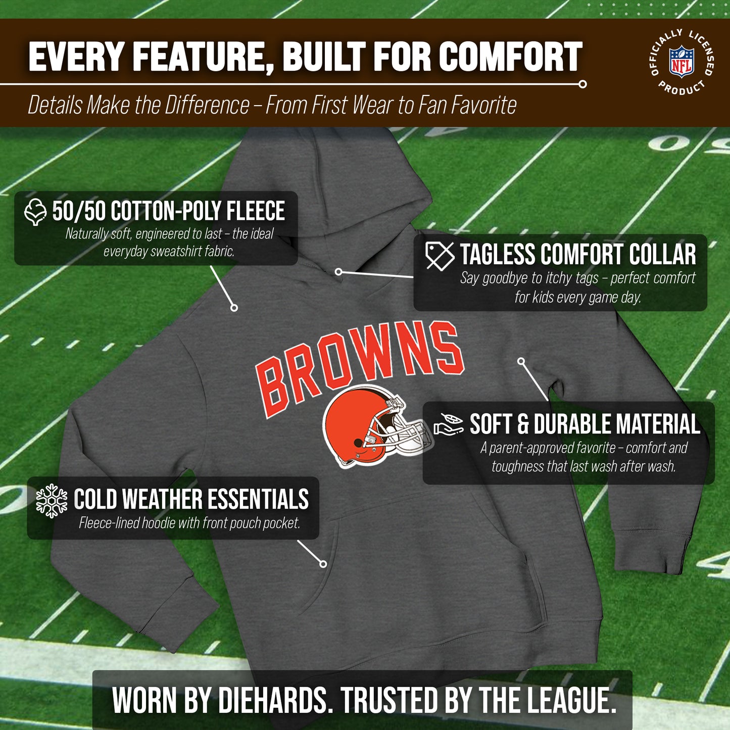 Cleveland Browns NFL Youth Home Team Hoodie- Kids Hooded Sweatshirt - Sport Gray