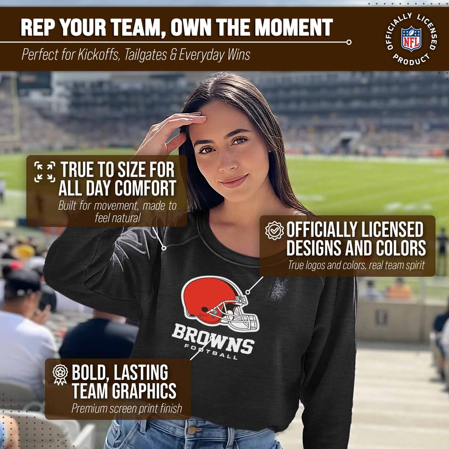 Cleveland Browns NFL Womens Ultimate Fan French Terry Slouchy Top- Raglan Sleeves - Charcoal