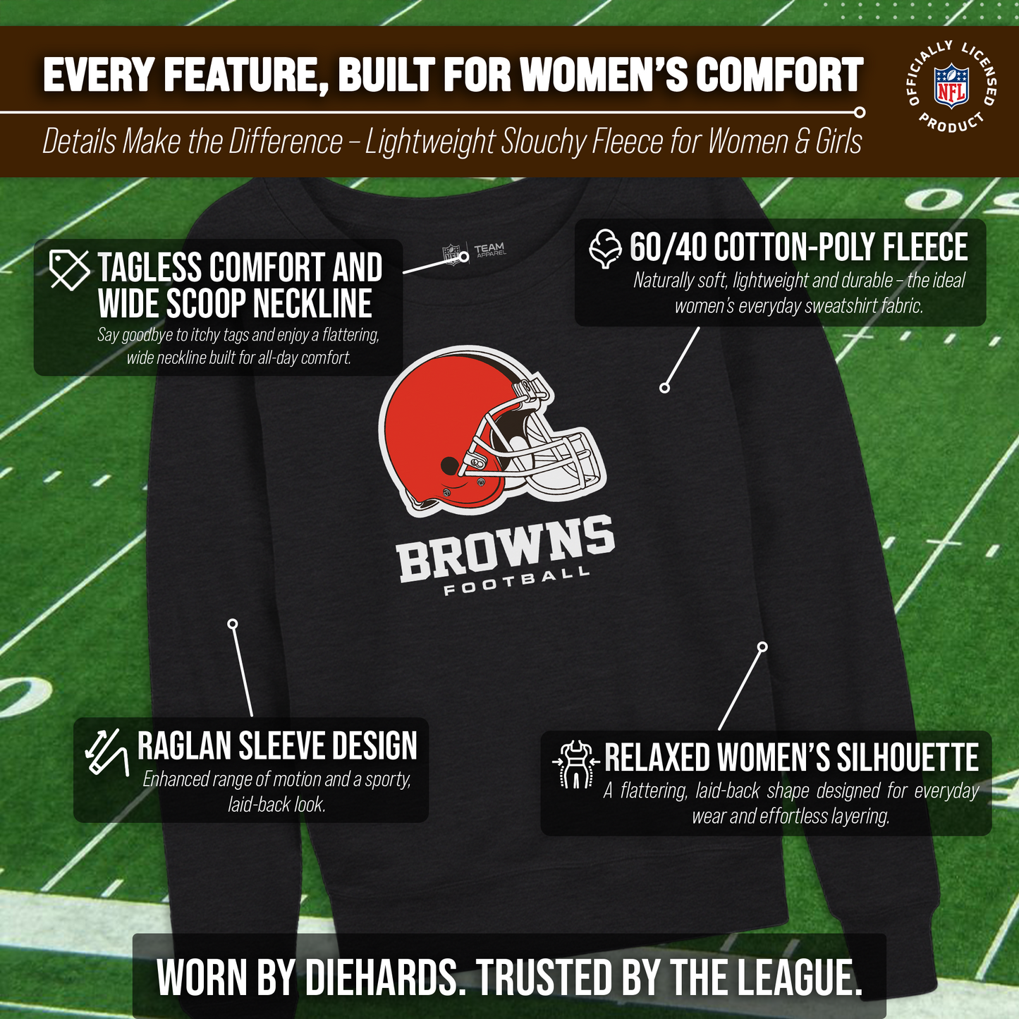 Cleveland Browns NFL Womens Ultimate Fan French Terry Slouchy Top- Raglan Sleeves - Charcoal
