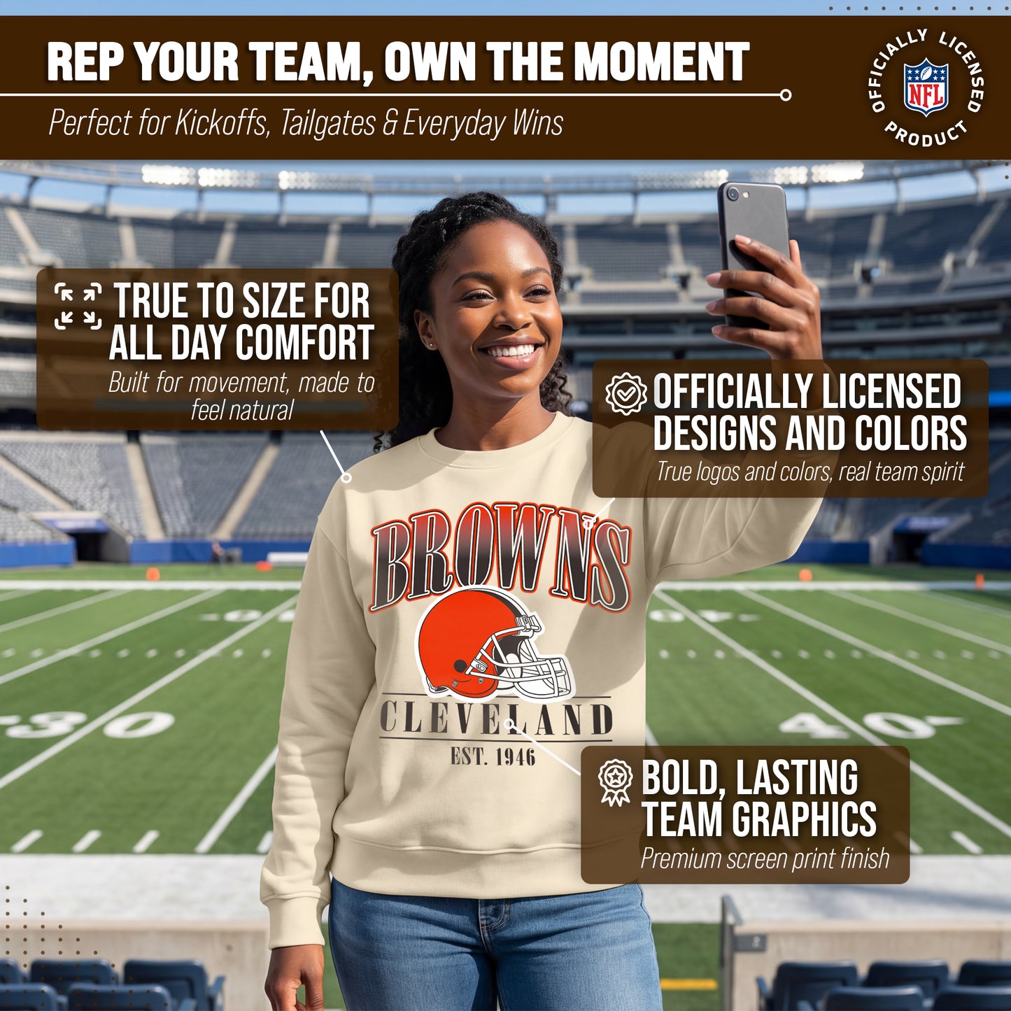 Cleveland Browns Womens NFL Starstruck Crewneck Pullover - Cream