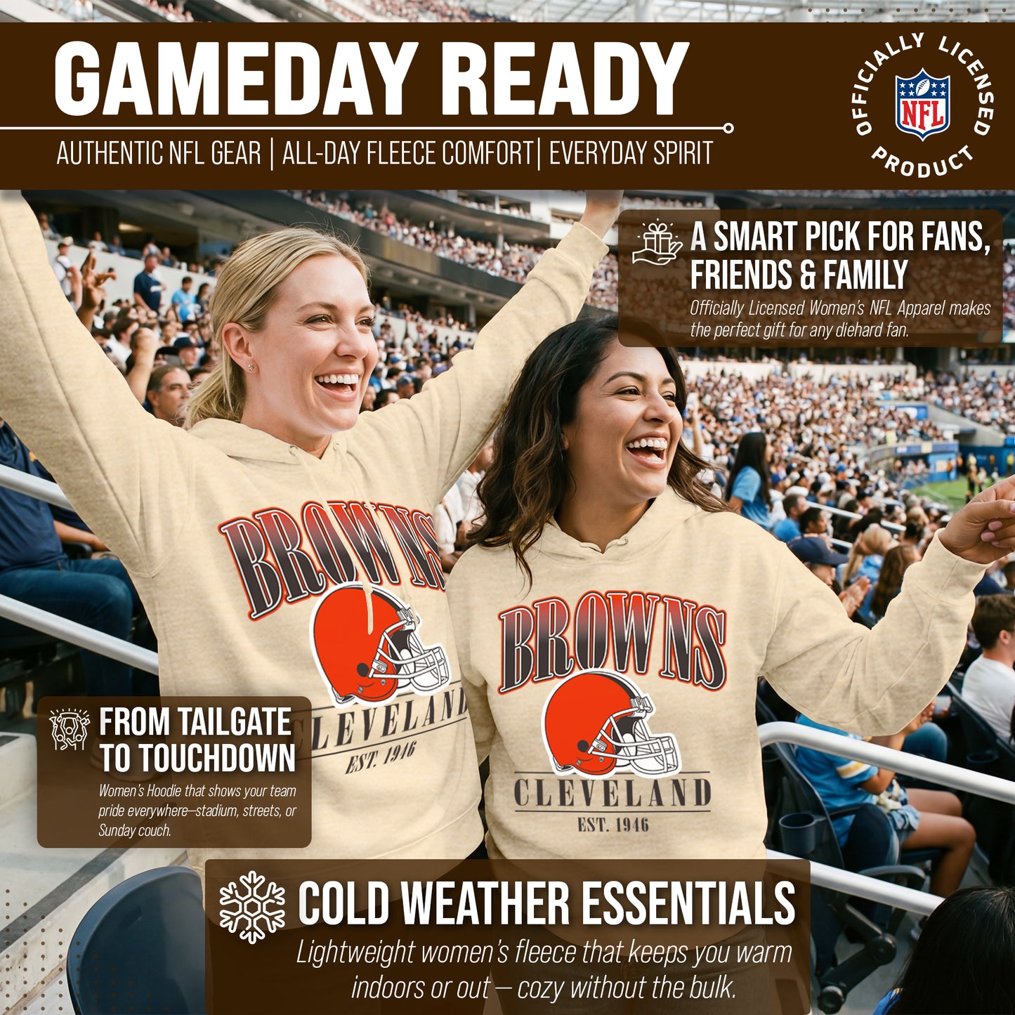 Cleveland Browns Team Fan Apparel NFL Women's  Starstruck Fleece Pullover Hoodie - Cream