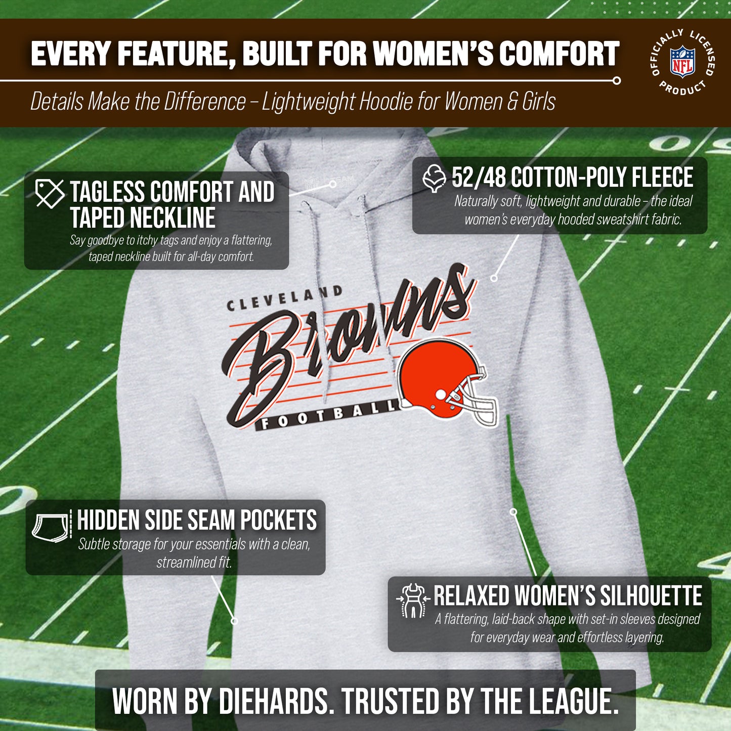 Cleveland Browns Ladies NFL Scrimmage Line Fleece Pullover Hooded Sweatshirt - Gray Heather