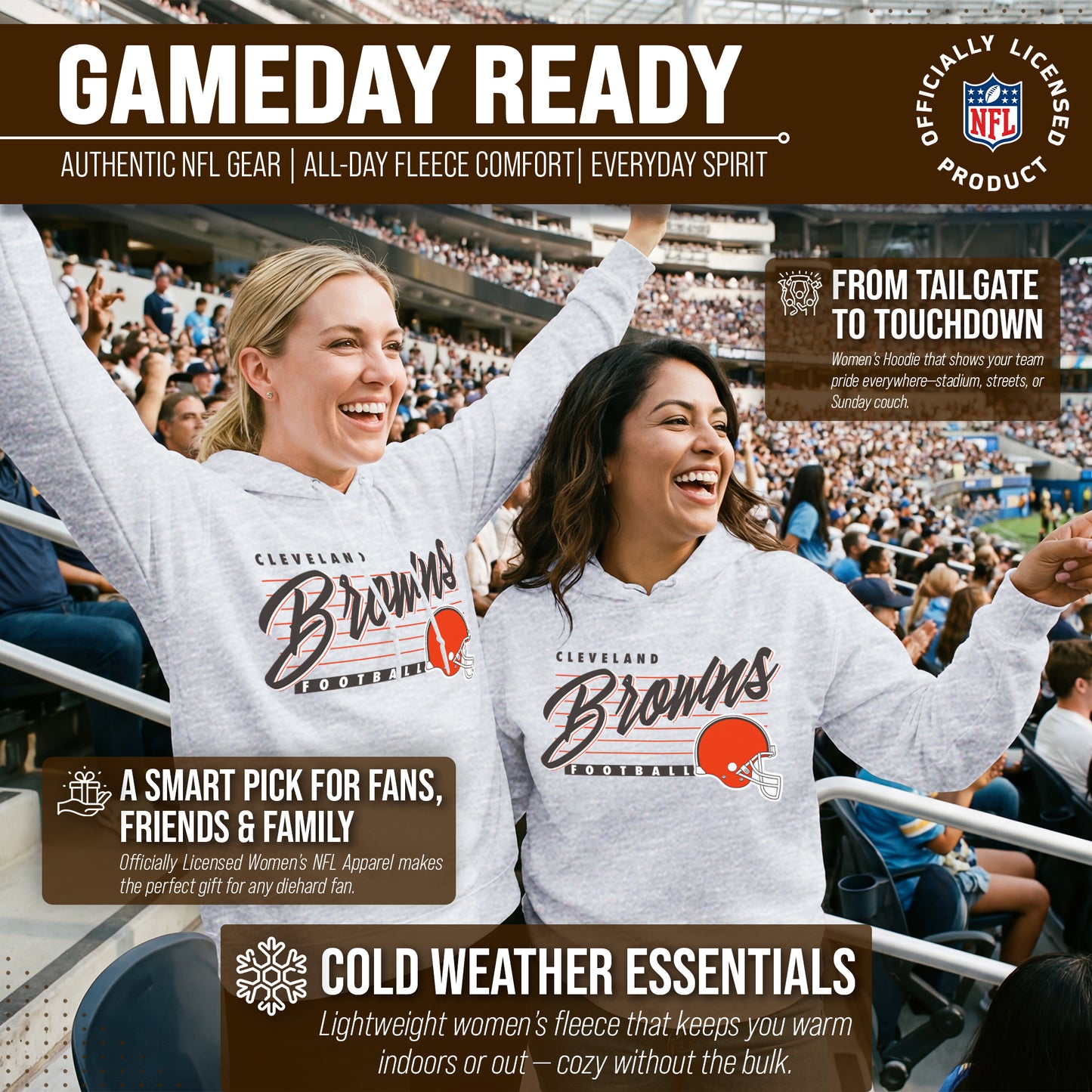 Cleveland Browns Ladies NFL Scrimmage Line Fleece Pullover Hooded Sweatshirt - Gray Heather