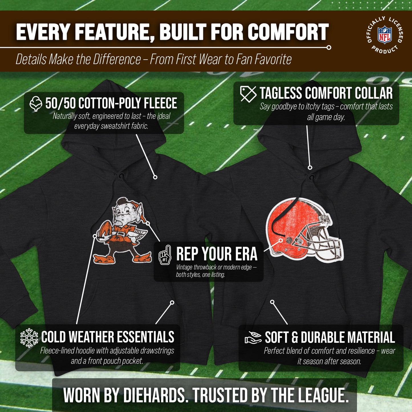 Cleveland Browns NFL Adult Unisex Modern Throwback Ultra Soft Fleece Hooded Sweatshirt - Black