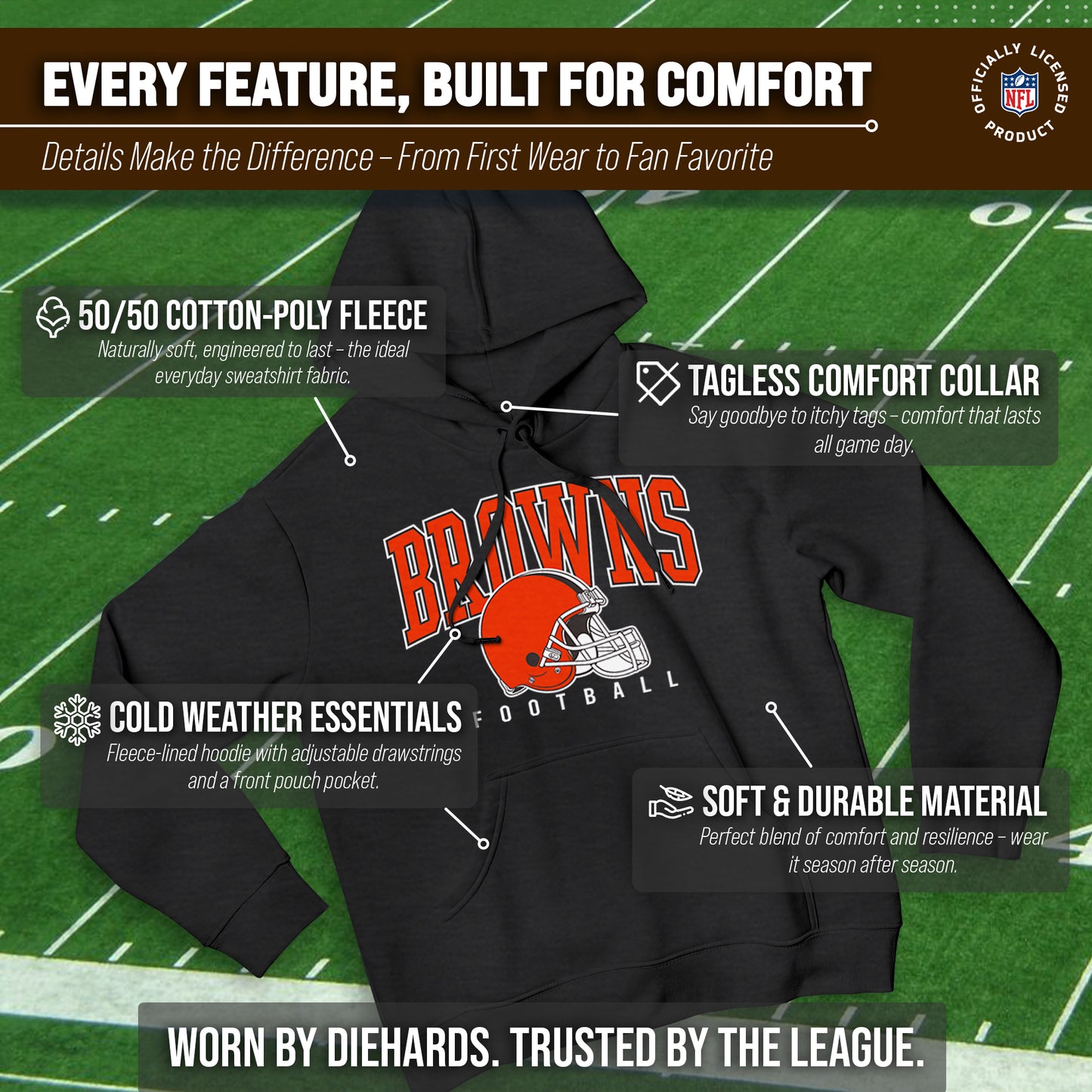Cleveland Browns NFL Adult Unisex All Star Soft Fleece Hooded Sweatshirt - Black Heather