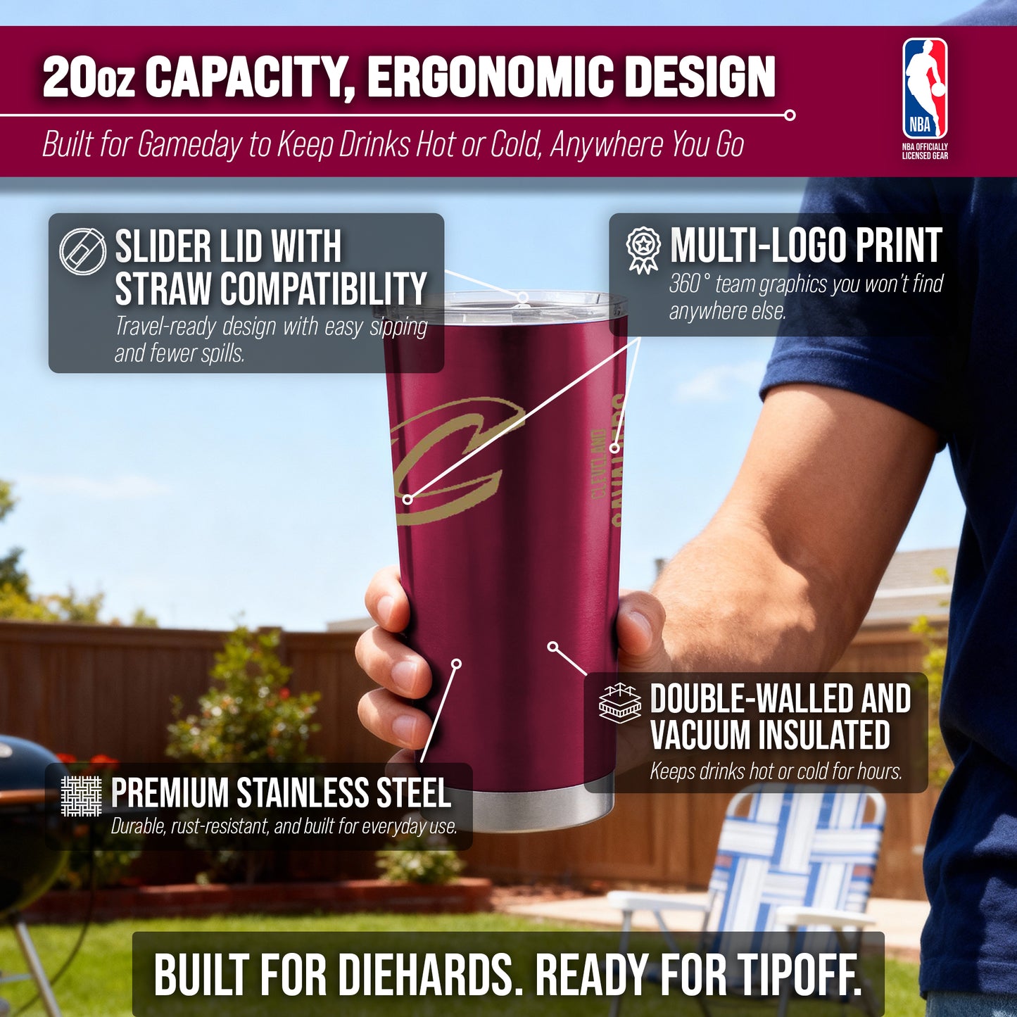 Cleveland Cavaliers NBA Basketball 20oz Stainless Steel Vacuum Insulated Game Day Tumbler with Silicone Grip - Maroon