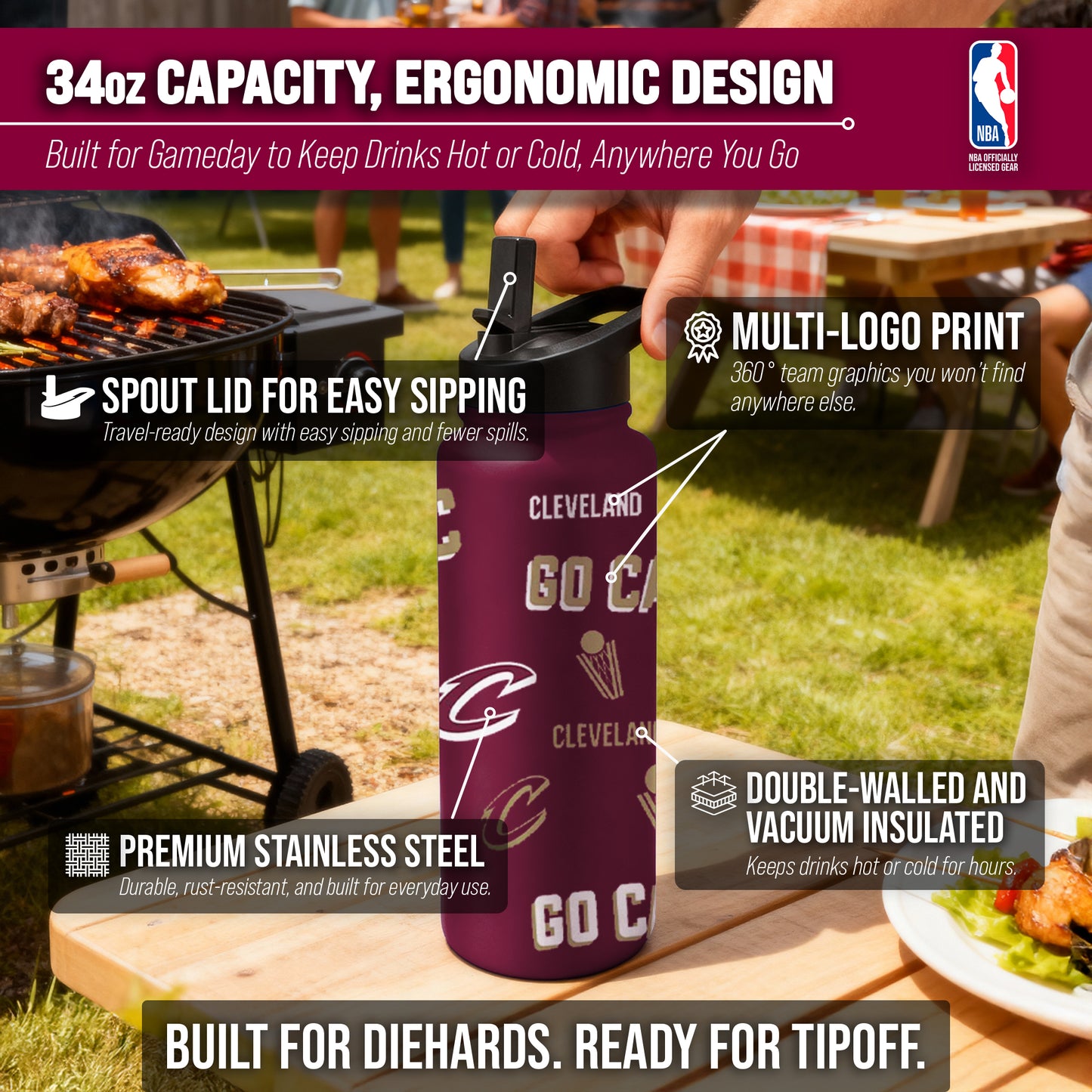 Cleveland Cavaliers NBA Basketball 34oz Stainless Steel Vacuum Insulated Game Day Water Bottle with Flip Straw Lid and Handle - Maroon