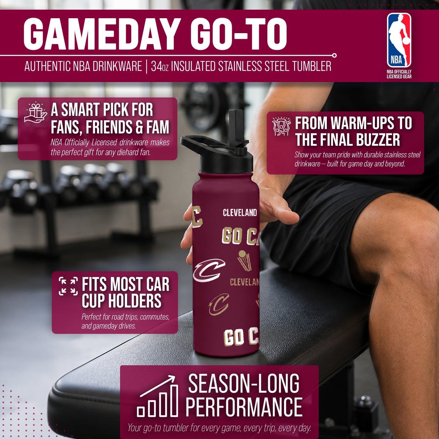 Cleveland Cavaliers NBA Basketball 34oz Stainless Steel Vacuum Insulated Game Day Water Bottle with Flip Straw Lid and Handle - Maroon
