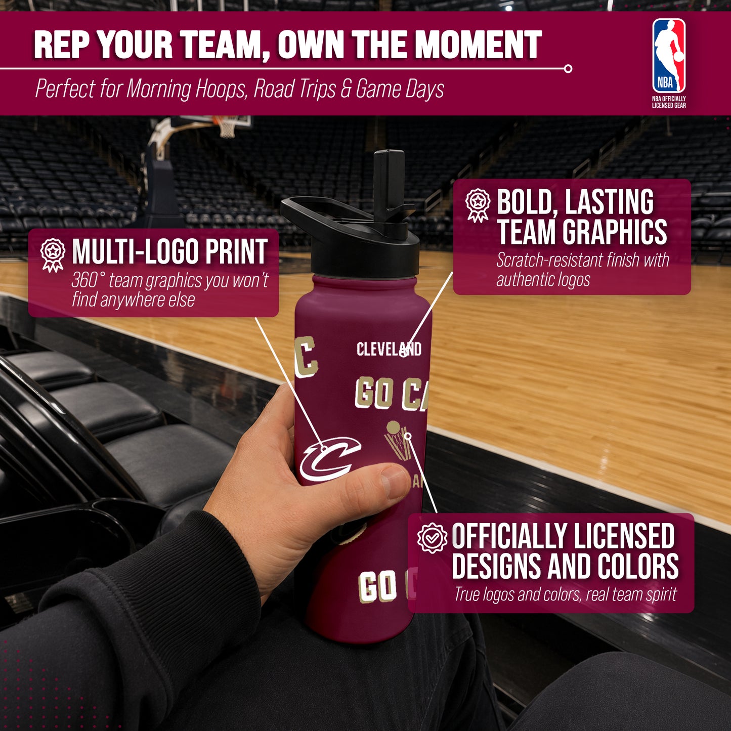 Cleveland Cavaliers NBA Basketball 34oz Stainless Steel Vacuum Insulated Game Day Water Bottle with Flip Straw Lid and Handle - Maroon