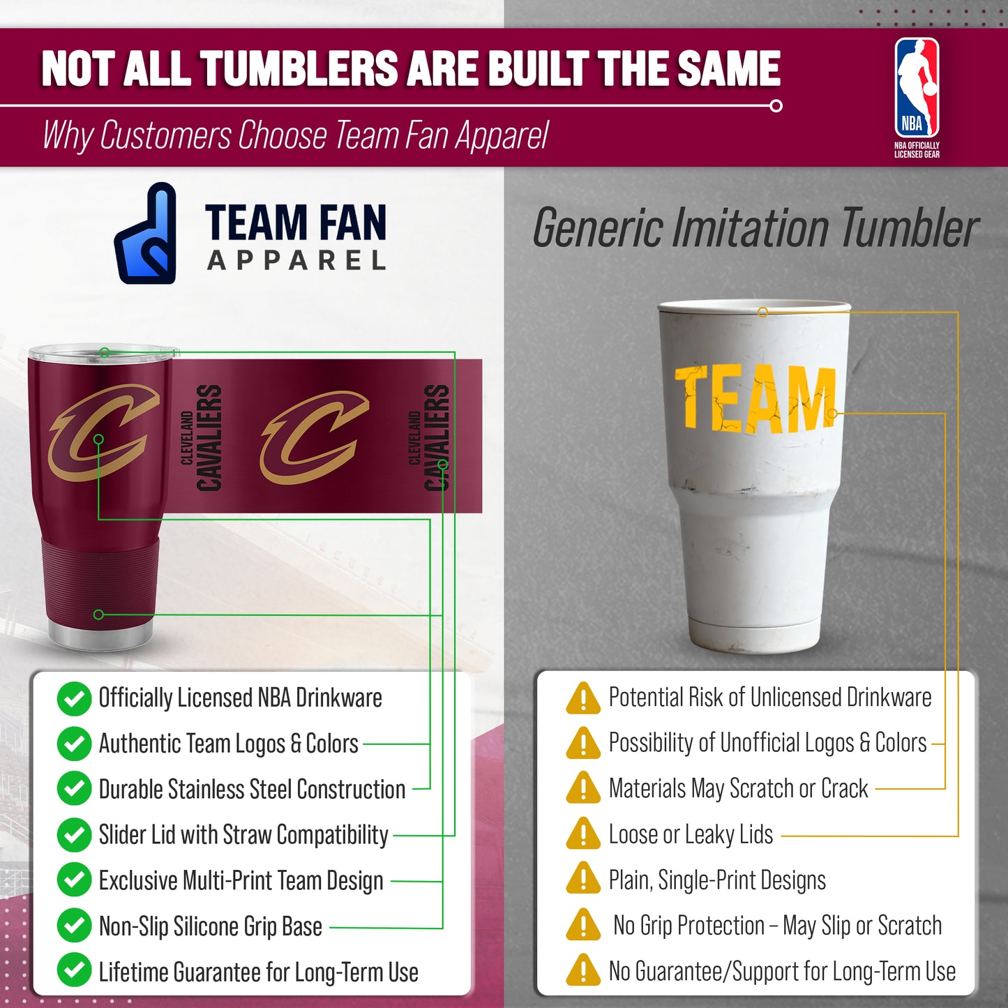 Cleveland Cavaliers NBA Basketball 30oz Stainless Steel Vacuum Insulated Game Day Tumbler with Silicone Grip - Maroon