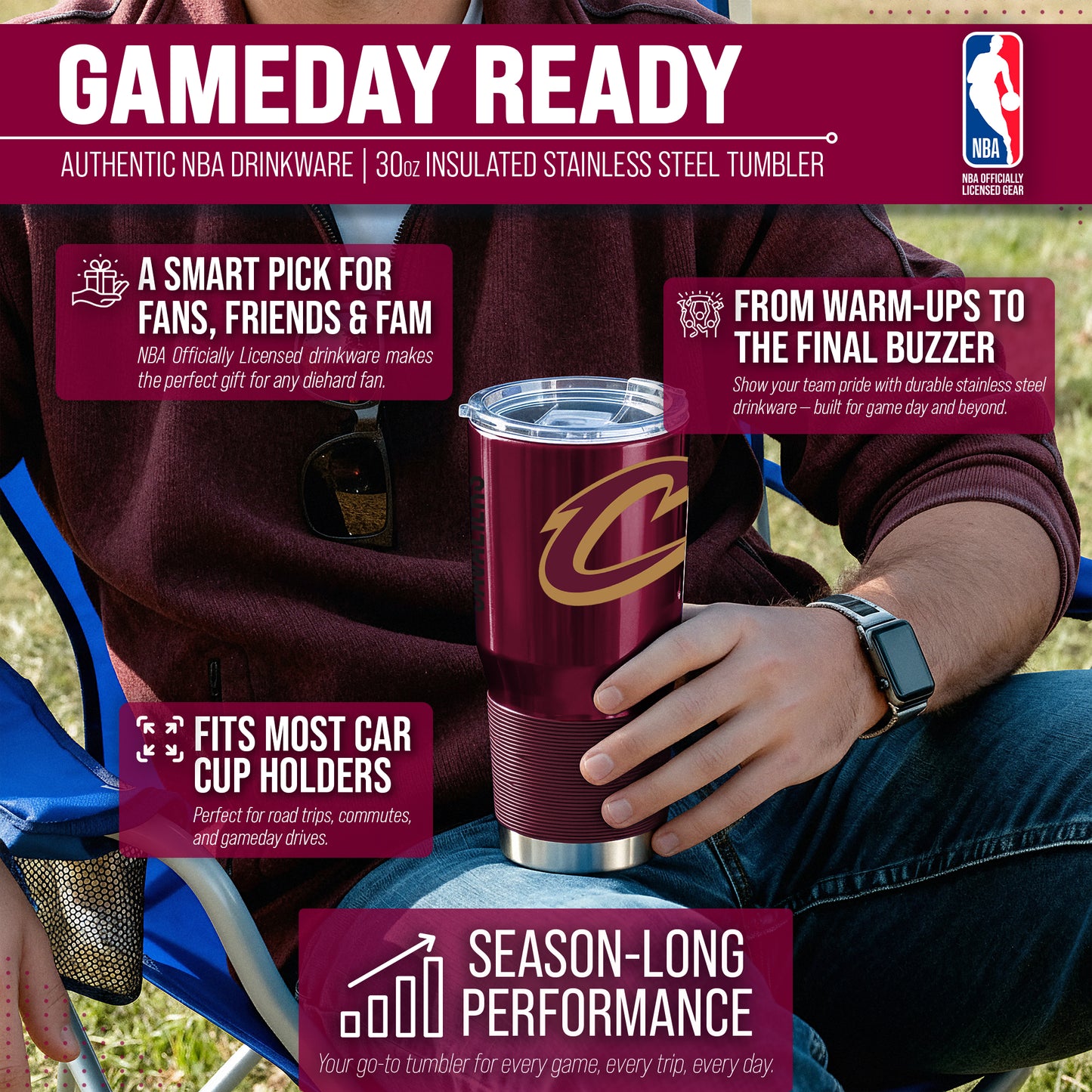 Cleveland Cavaliers NBA Basketball 30oz Stainless Steel Vacuum Insulated Game Day Tumbler with Silicone Grip - Maroon