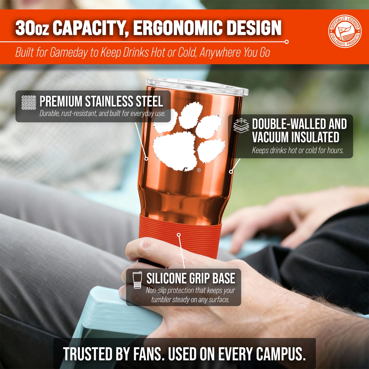 Clemson Tigers NCAA University 30oz Stainless Steel Vacuum Insulated Game Day Tumbler with Silicone Grip - Orange