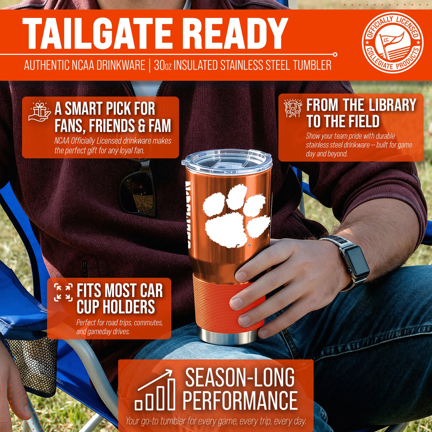 Clemson Tigers NCAA University 30oz Stainless Steel Vacuum Insulated Game Day Tumbler with Silicone Grip - Orange