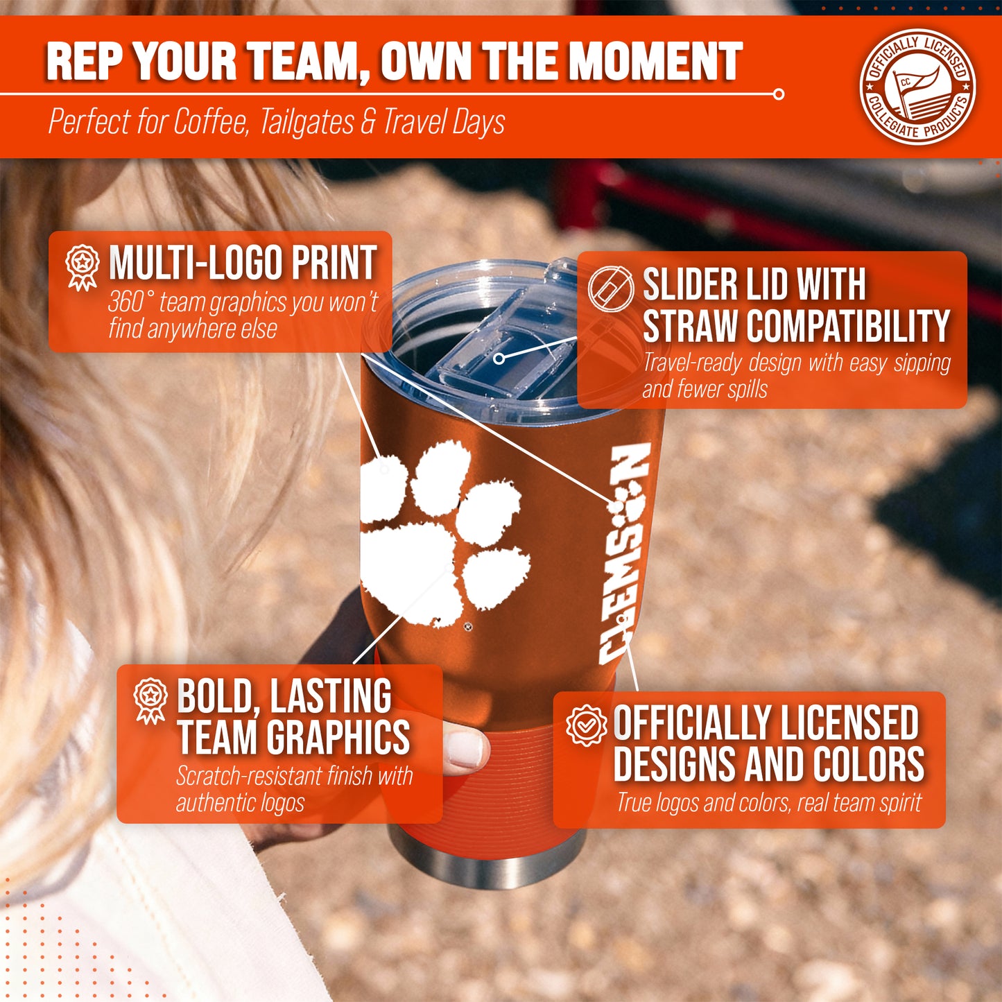 Clemson Tigers NCAA University 30oz Stainless Steel Vacuum Insulated Game Day Tumbler with Silicone Grip - Orange