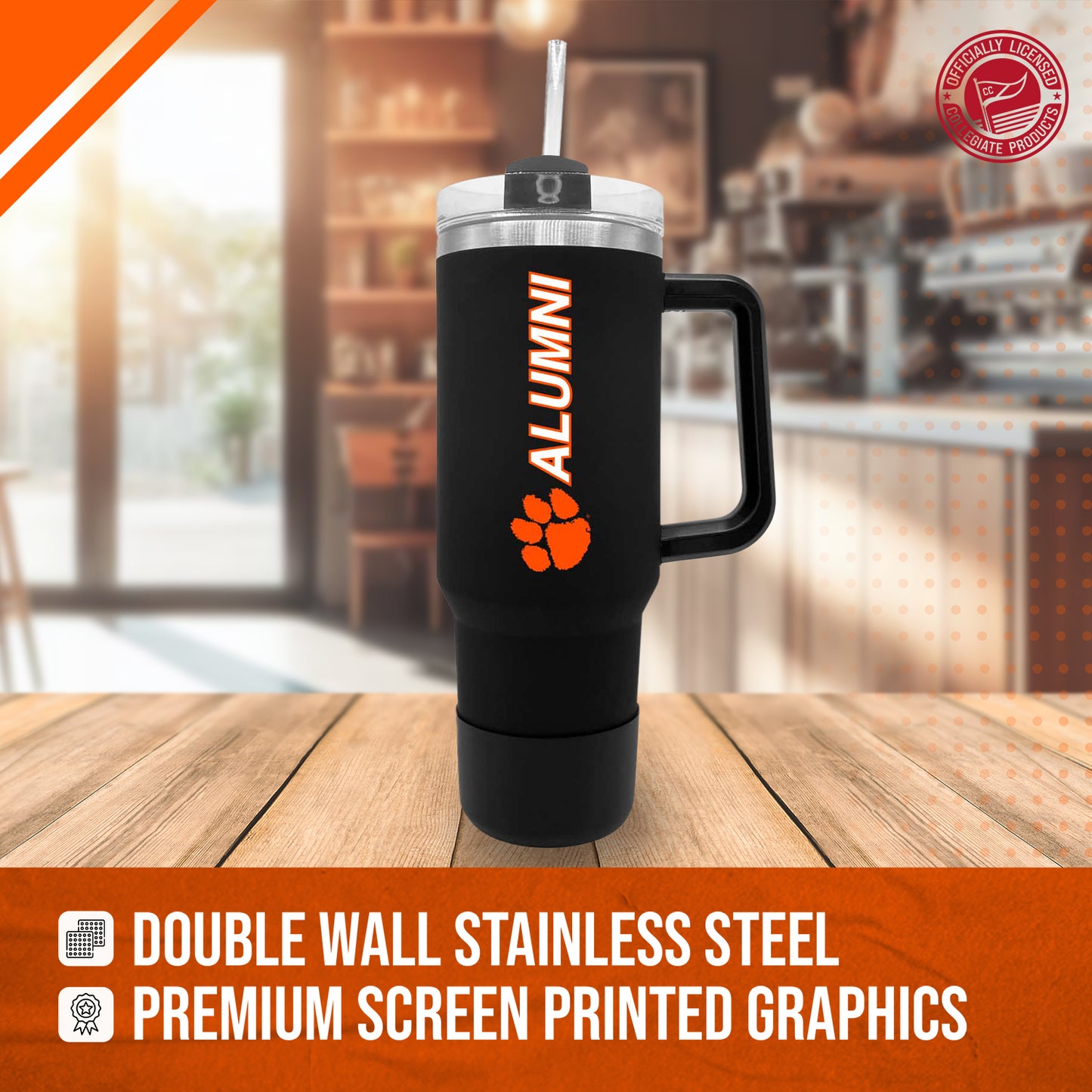 Clemson Tigers Collegiate 40oz Stainless Steel Travel Tumbler with Handle for Alumni - Black