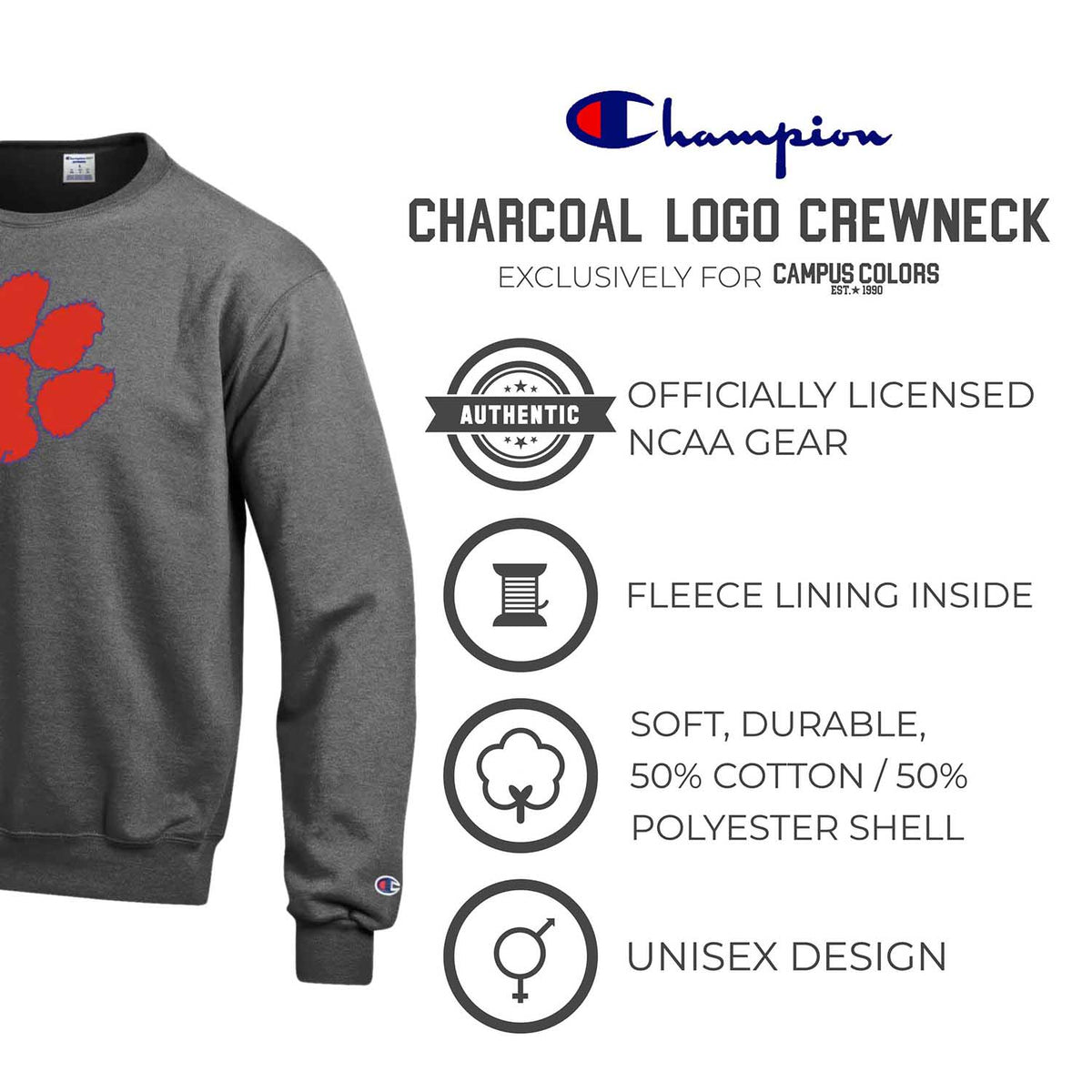 Clemson Tigers Adult Mascot Fleece Crewneck - Charcoal