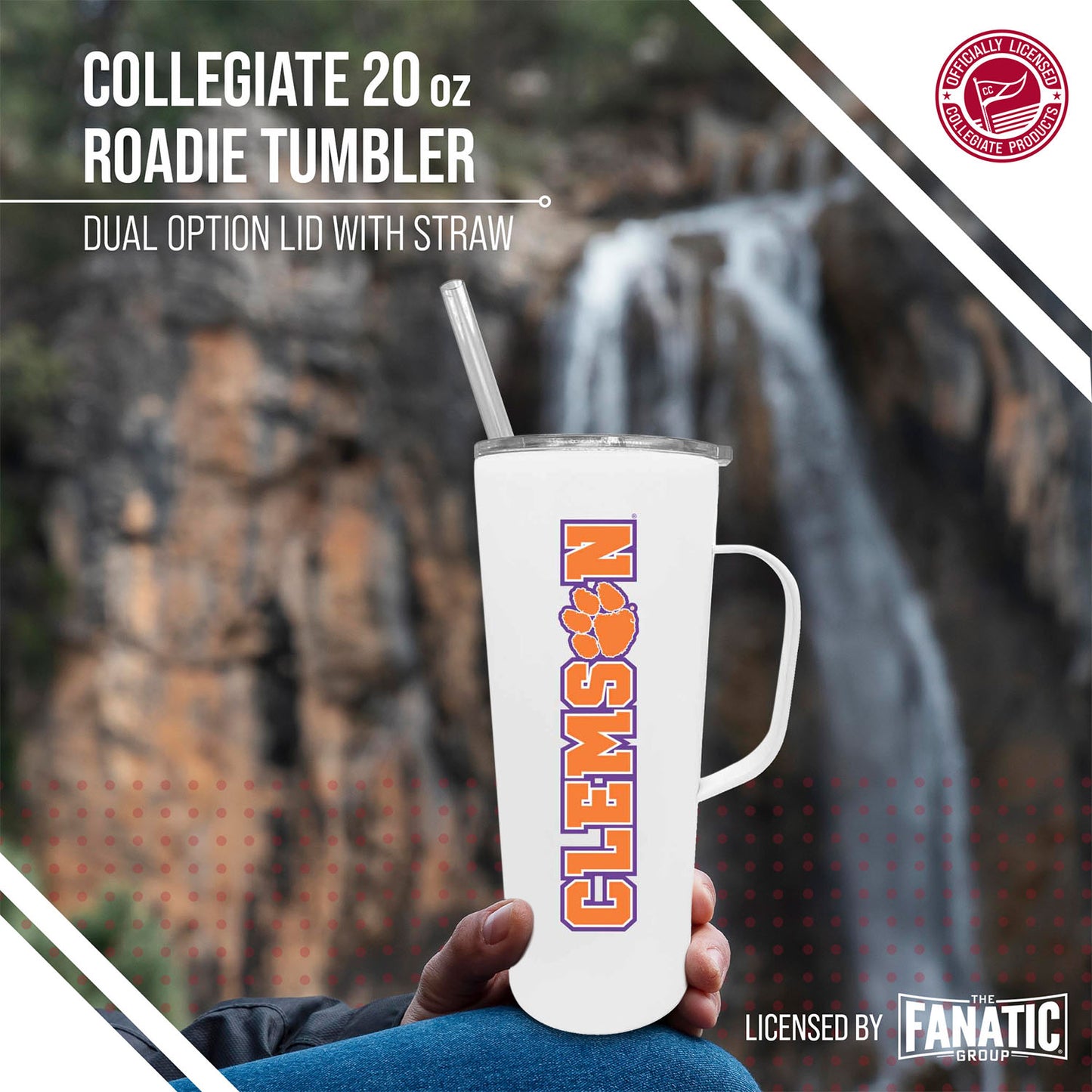 Clemson Tigers NCAA Stainless Steel 20oz Roadie With Handle & Dual Option Lid With Straw - White