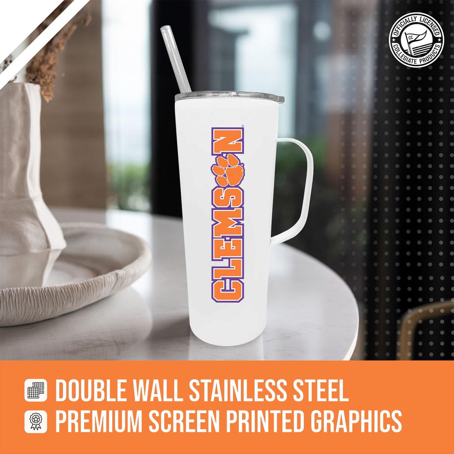 Clemson Tigers NCAA Stainless Steel 20oz Roadie With Handle & Dual Option Lid With Straw - White