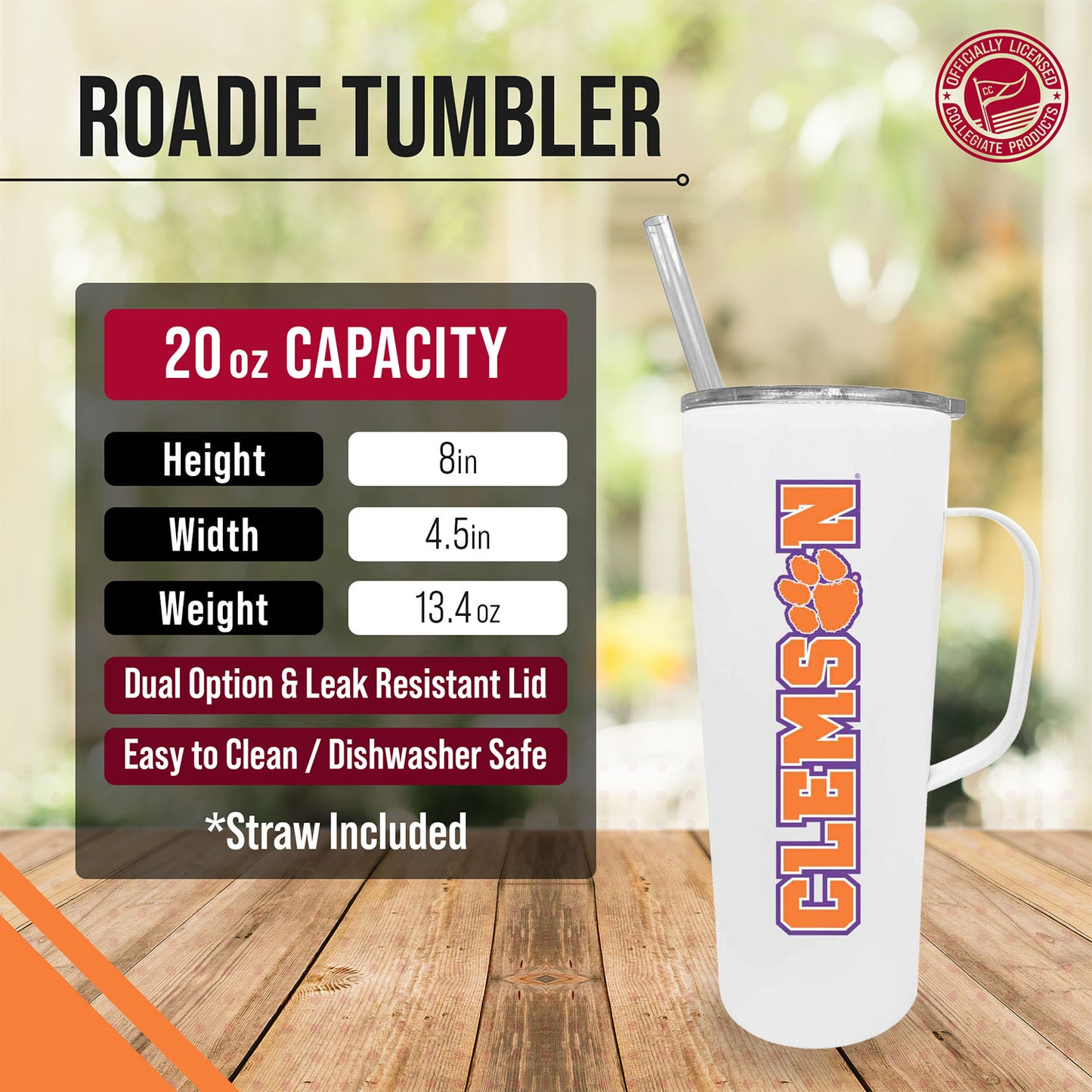 Clemson Tigers NCAA Stainless Steel 20oz Roadie With Handle & Dual Option Lid With Straw - White