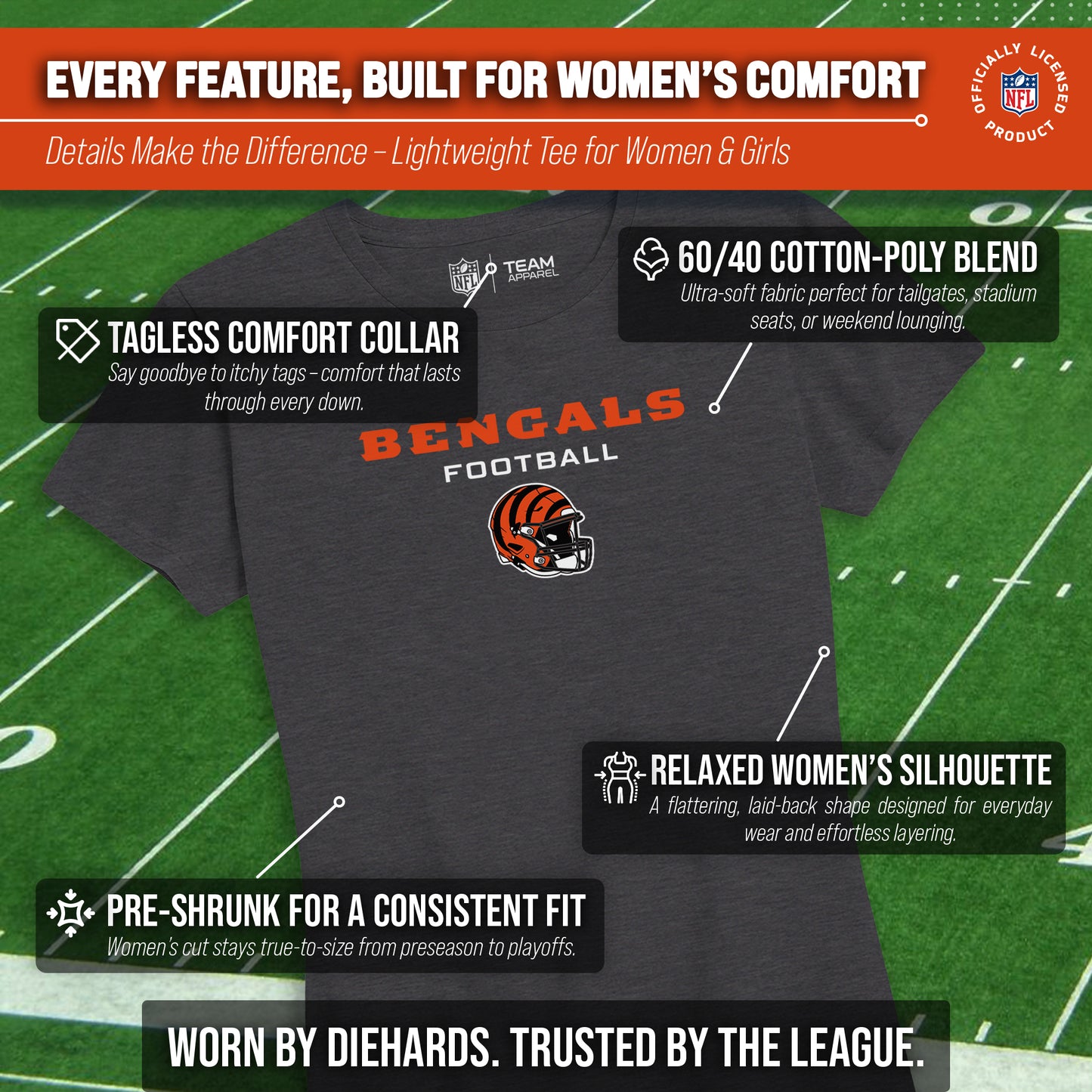 Cincinnati Bengals Women's NFL Football Helmet Short Sleeve Tagless T-Shirt - Charcoal