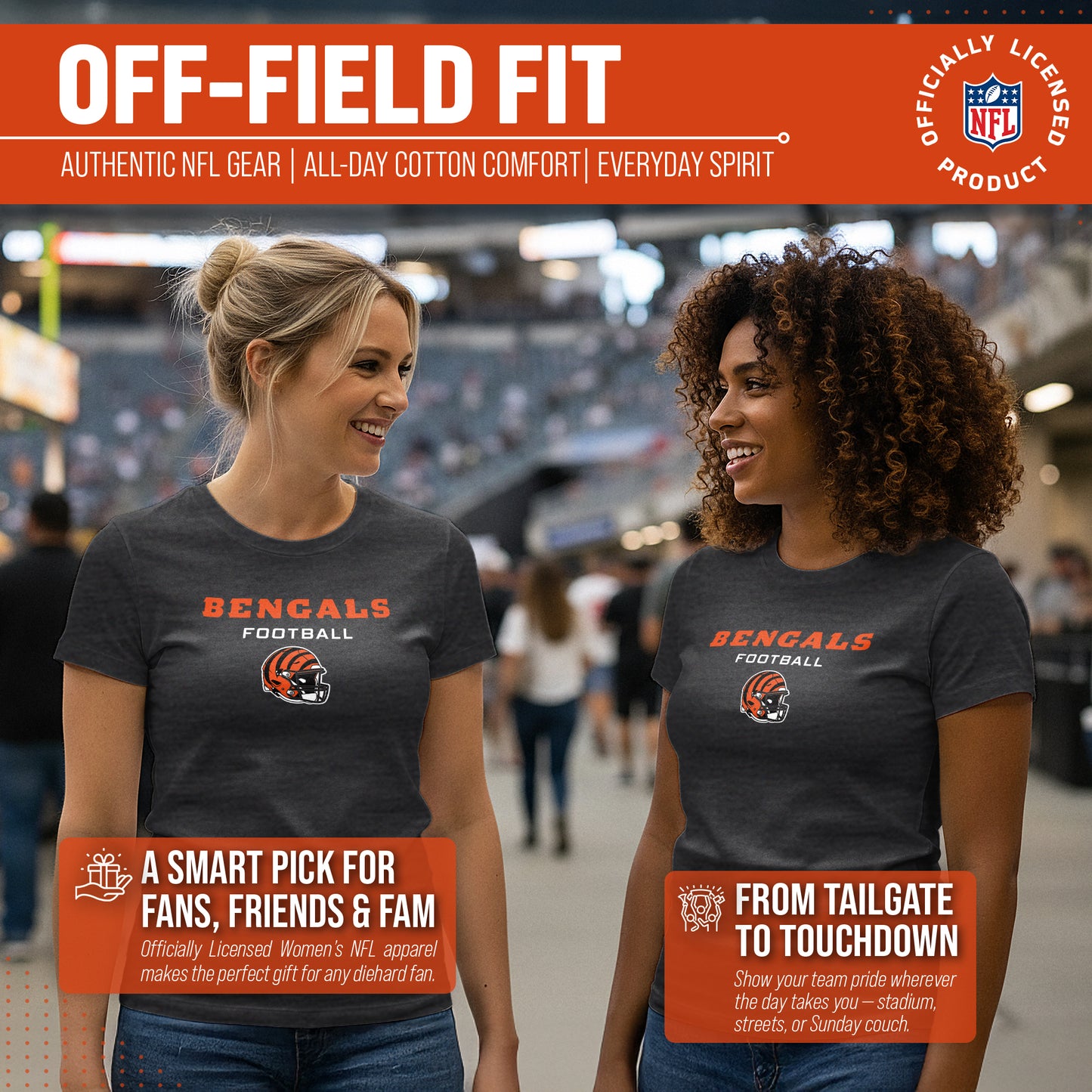 Cincinnati Bengals Women's NFL Football Helmet Short Sleeve Tagless T-Shirt - Charcoal