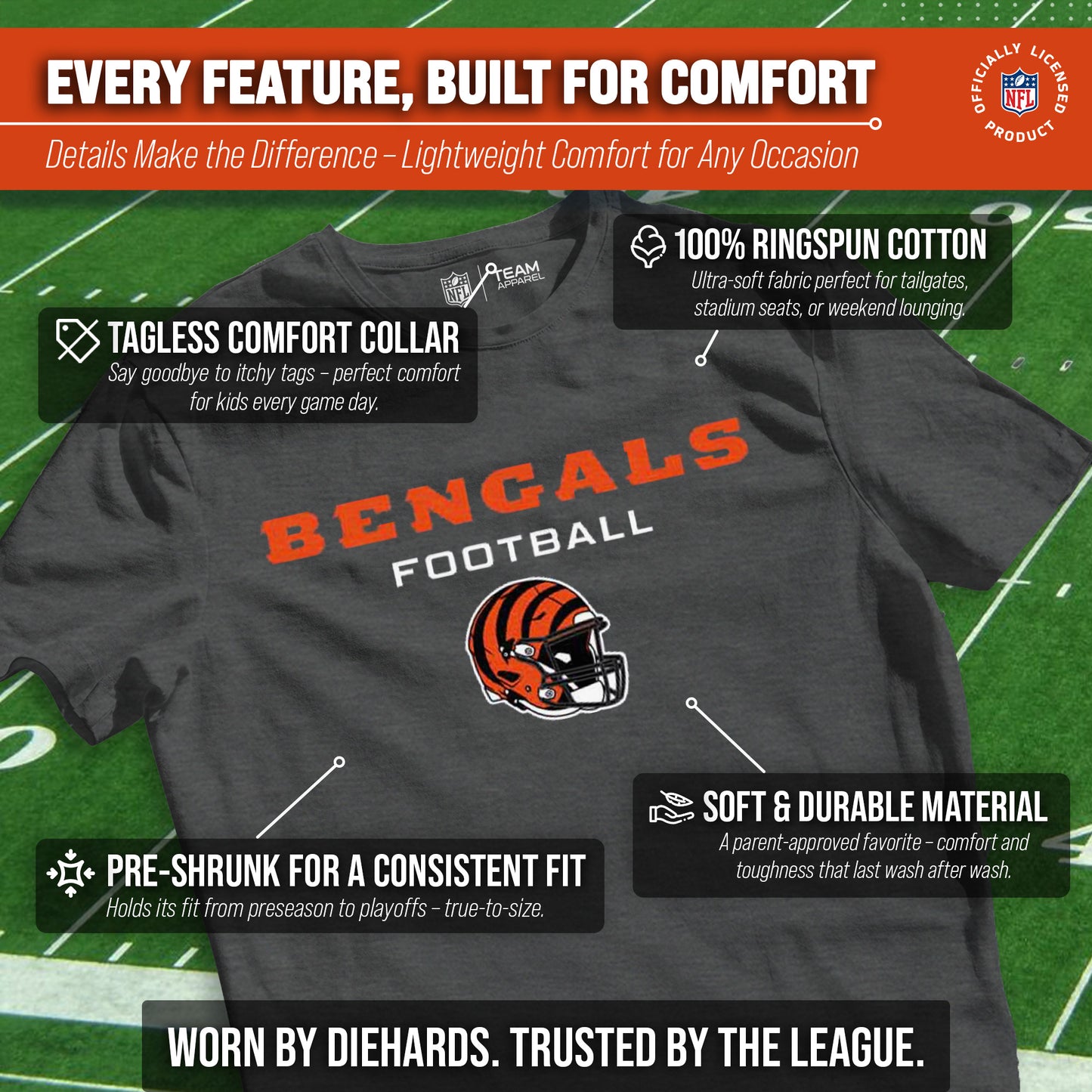 Cincinnati Bengals NFL Youth Football Helmet Tagless T-Shirt - Charcoal