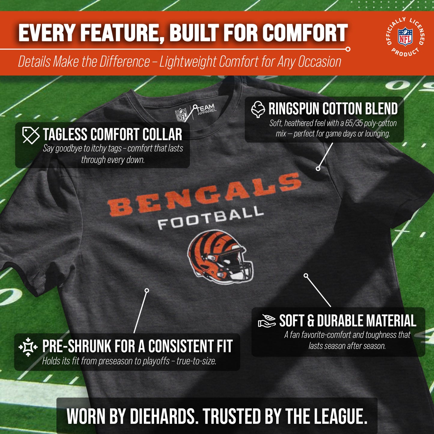 Cincinnati Bengals NFL Adult Football Helmet Tagless T-Shirt - Charcoal
