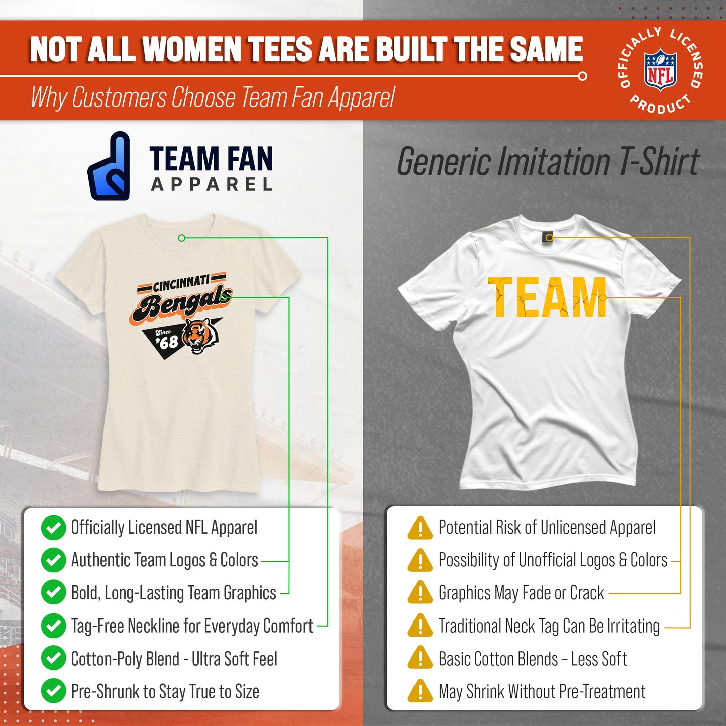 Cincinnati Bengals NFL Womens Vintage Charm Tag-Less Soft T-Shirt - Birch