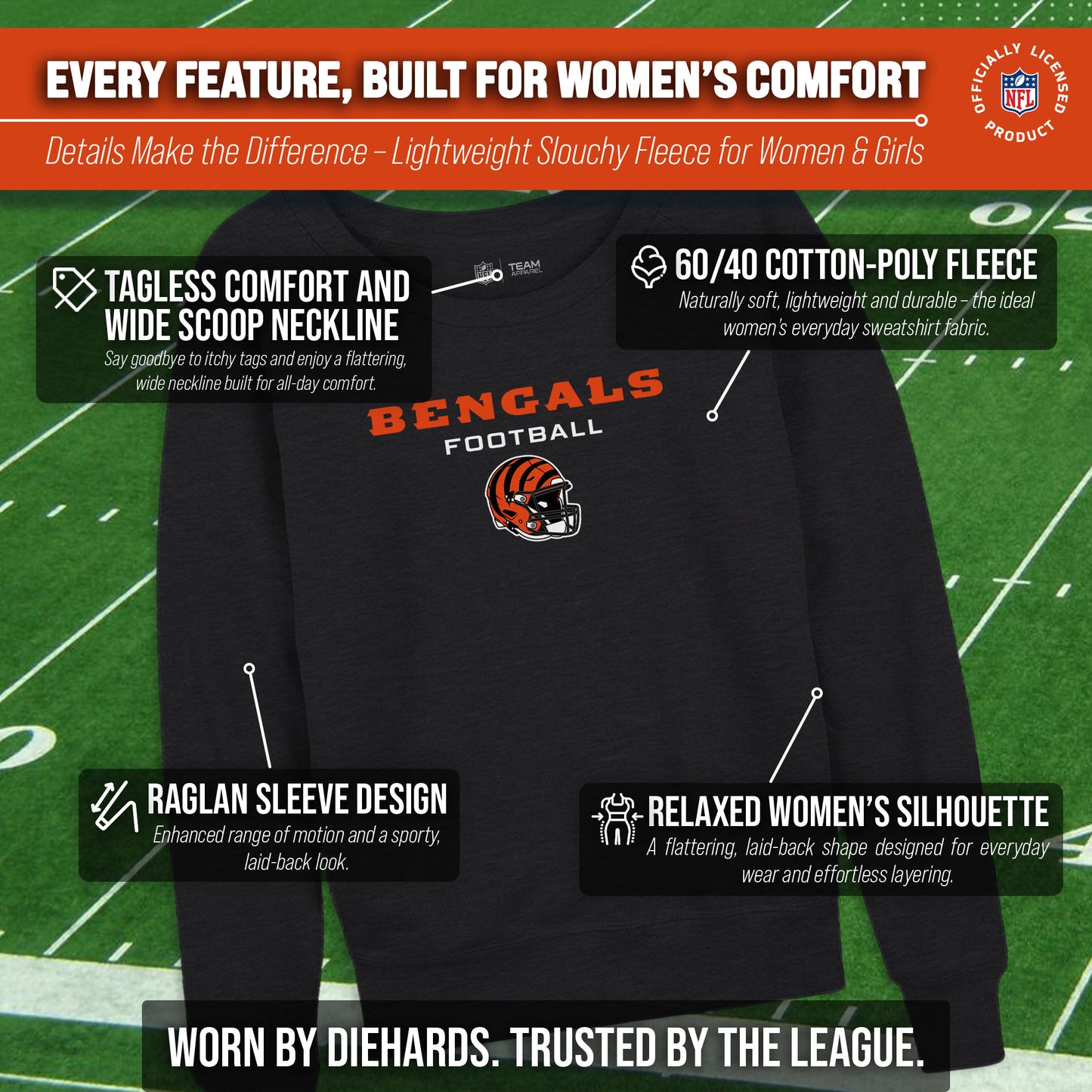 Cincinnati Bengals NFL Womens Helmet French Terry Slouchy Top - Charcoal
