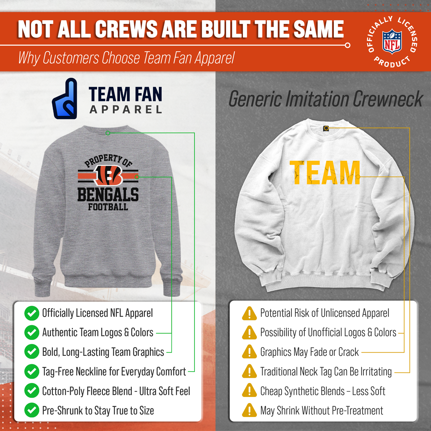 Cincinnati Bengals NFL Adult Property Of Crewneck Fleece Sweatshirt - Sport Gray