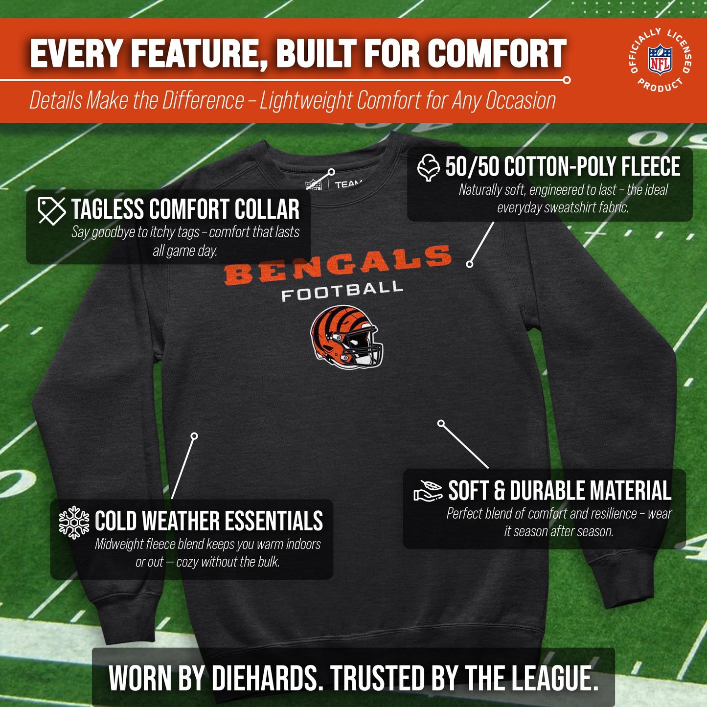 Cincinnati Bengals Adult NFL Football Helmet Heather Crewneck Sweatshirt - Charcoal