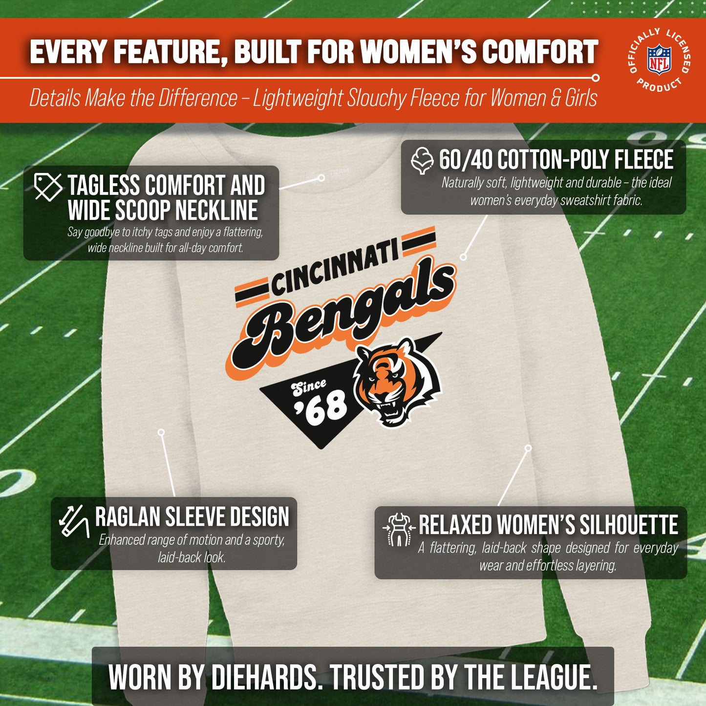 Cincinnati Bengals NFL Womens Vintage Charm French Terry Slouchy Top - Birch