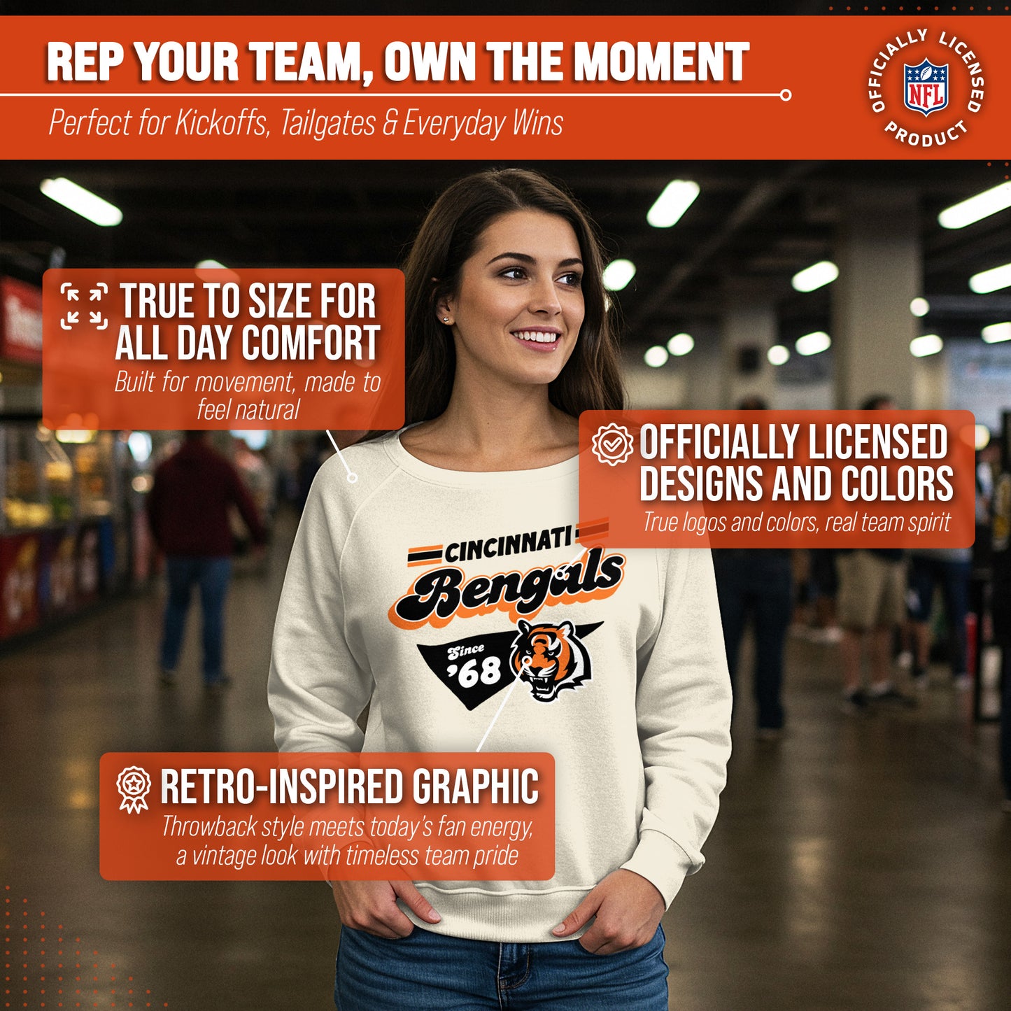 Cincinnati Bengals NFL Womens Vintage Charm French Terry Slouchy Top - Birch