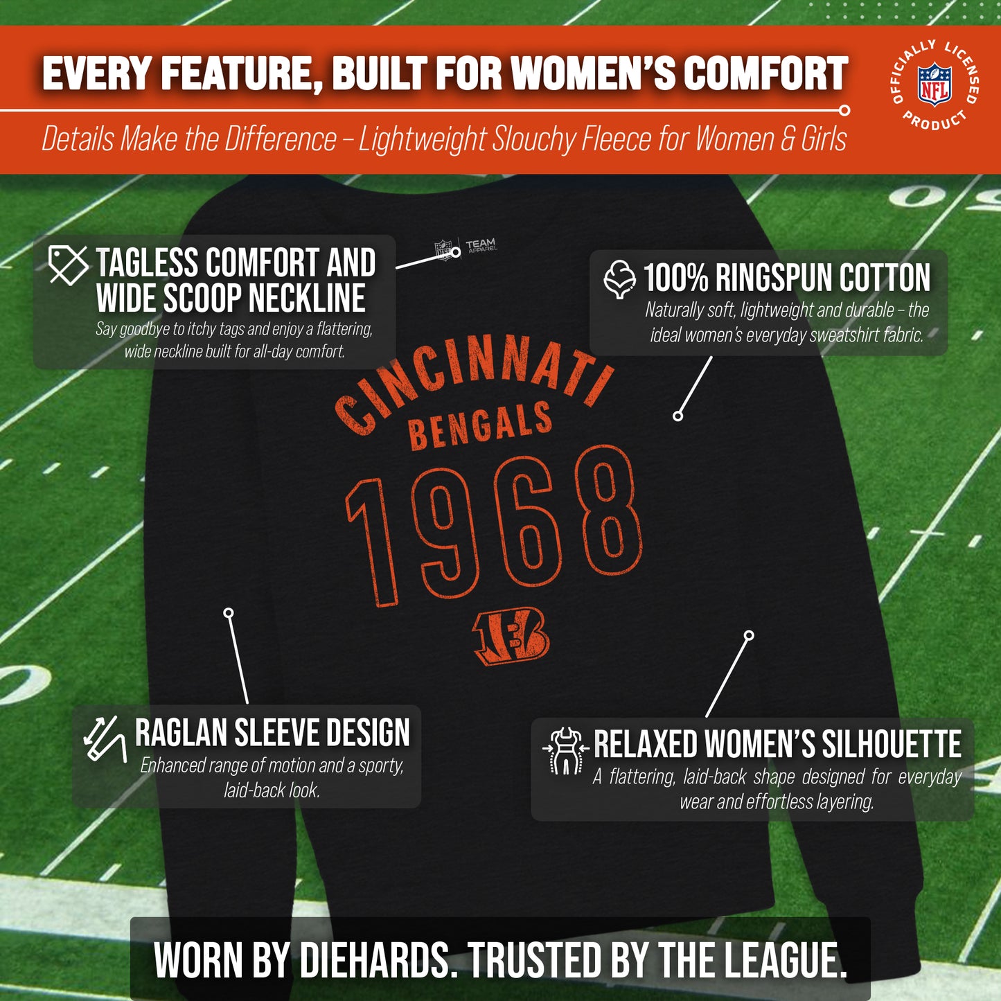 Cincinnati Bengals NFL Womens Big Date French Terry Slouchy Top - Black