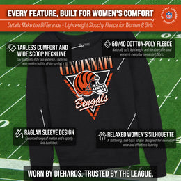 Cincinnati Bengals NFL Womens Retro Triangle French Terry Slouchy Top- Raglan Sleeves - Heather Charcoal