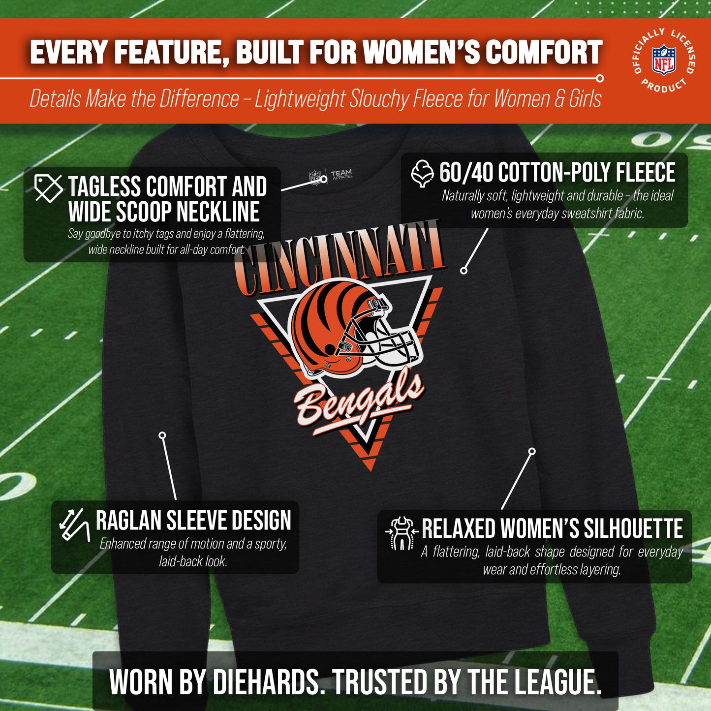 Cincinnati Bengals NFL Womens Retro Triangle French Terry Slouchy Top- Raglan Sleeves - Heather Charcoal