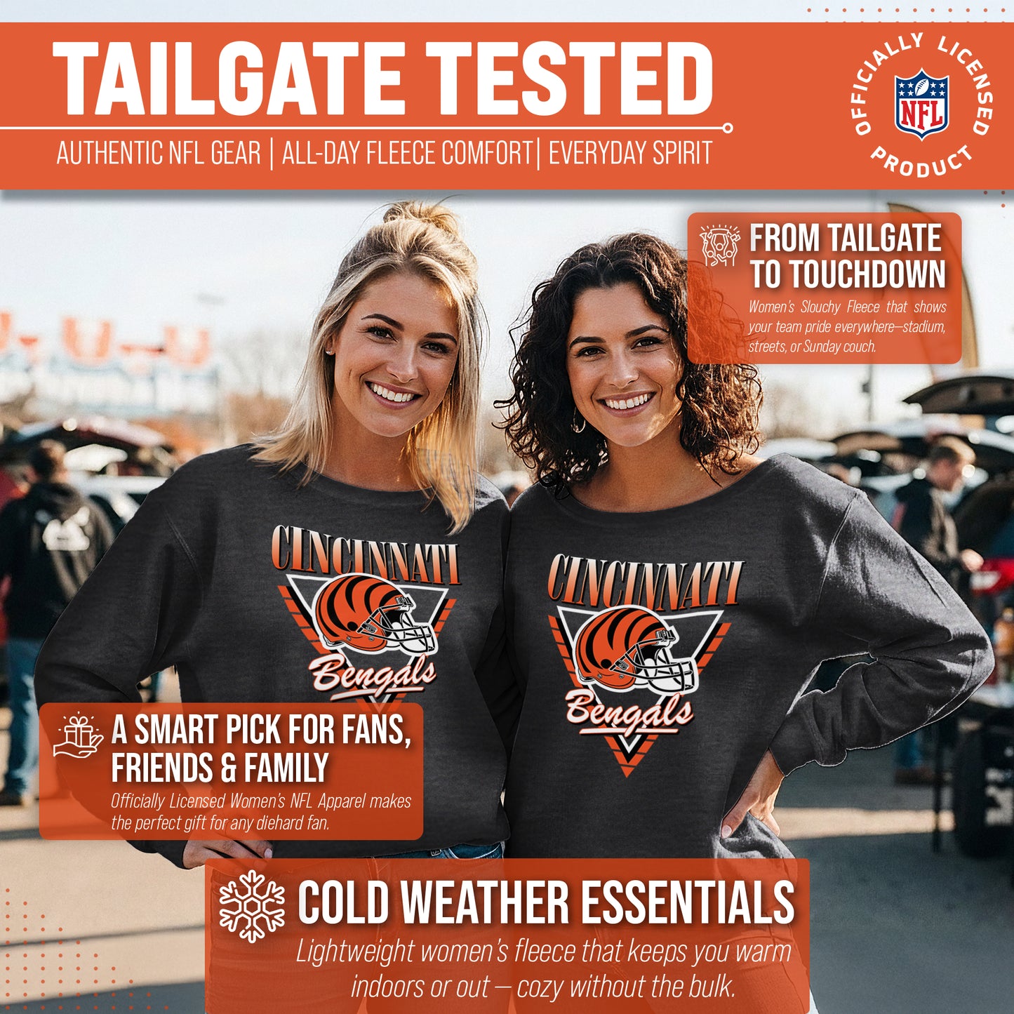 Cincinnati Bengals NFL Womens Retro Triangle French Terry Slouchy Top- Raglan Sleeves - Heather Charcoal
