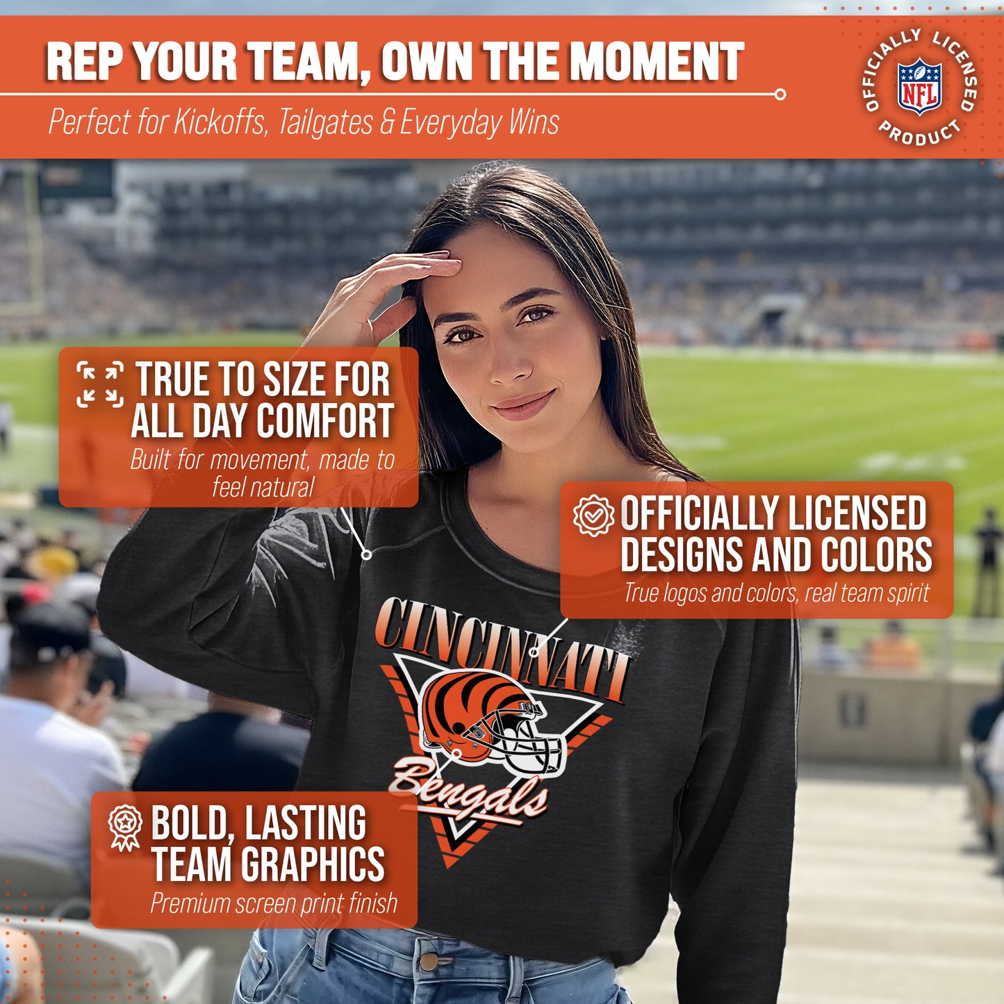 Cincinnati Bengals NFL Womens Retro Triangle French Terry Slouchy Top- Raglan Sleeves - Heather Charcoal